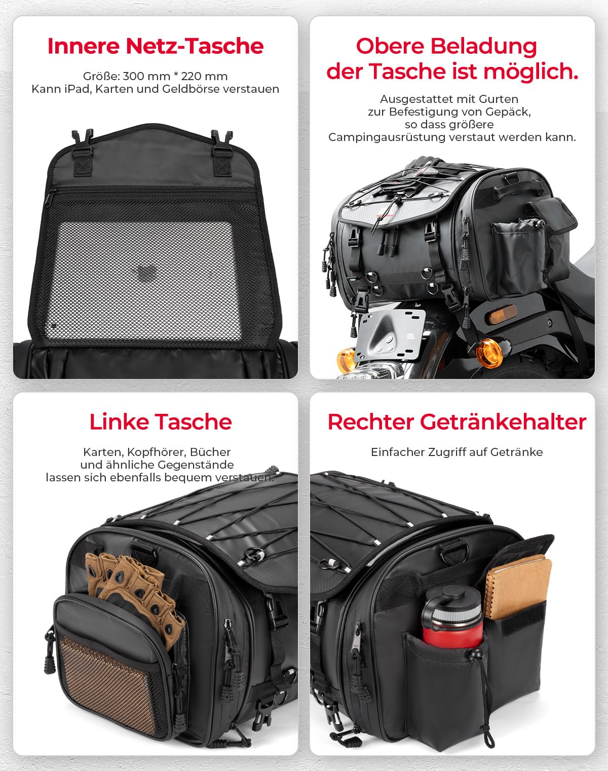 KEMIMOTO Motorrad Hecktasche 24-32L wasserdicht erweiterbare Satteltasche Gepäckträgertasche mit Regenhülle schwarz