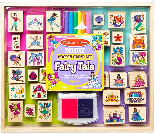 Melissa & Doug Juego de sellos y colorantes de madera de lujo, cuento de hadas (30 sellos, 6 marcadores, 2 almohadillas duraderas de 2 colores),