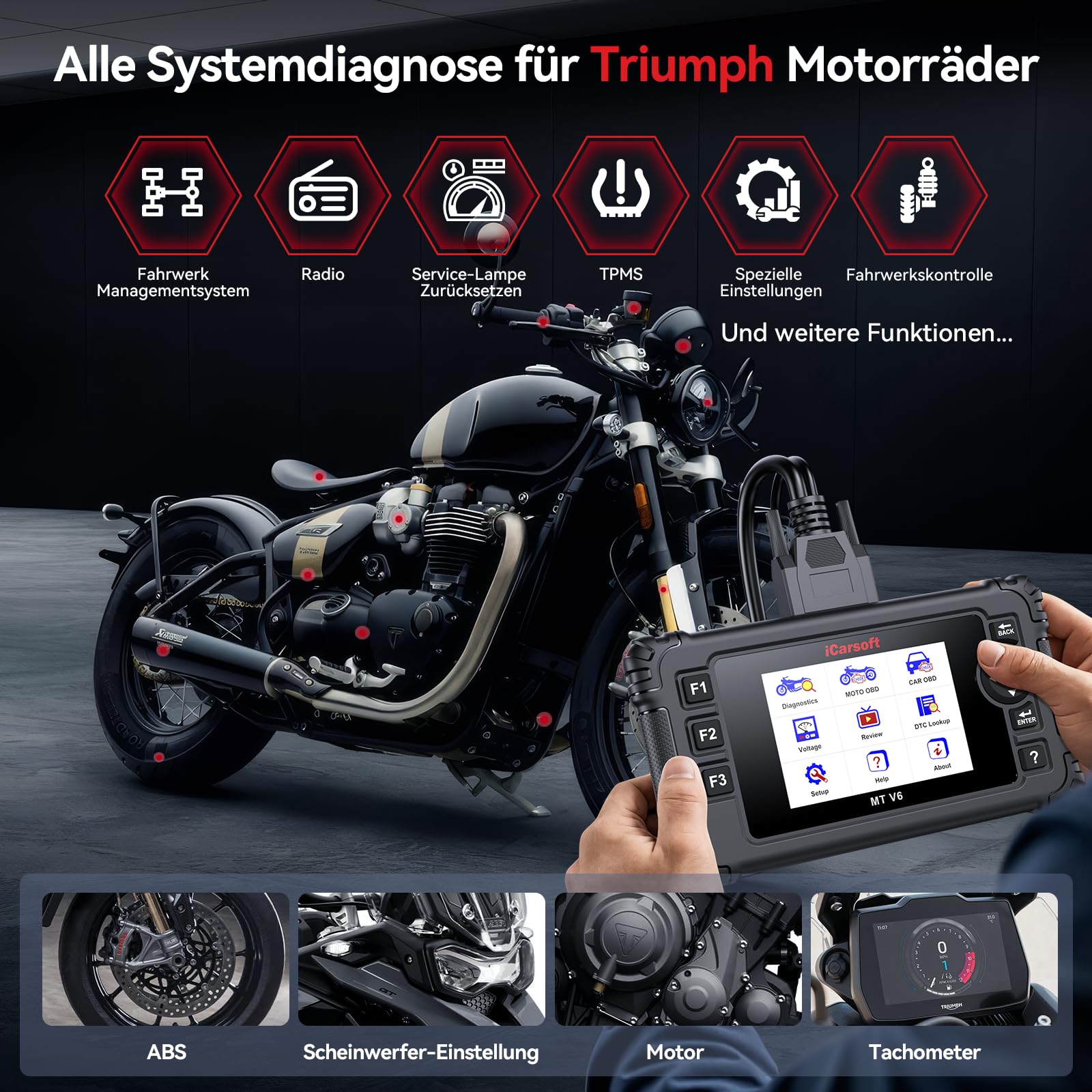 iCarsoft MT V6 Motorrad Diagnosegerät für Triumph, OBD2 Diagnosewerkzeuge für Motorräder mit Komplettsystem Auslesegerät 53 Service 55 Bidirektionaler Test AutoVIN Batterietest Lebenslange Updates