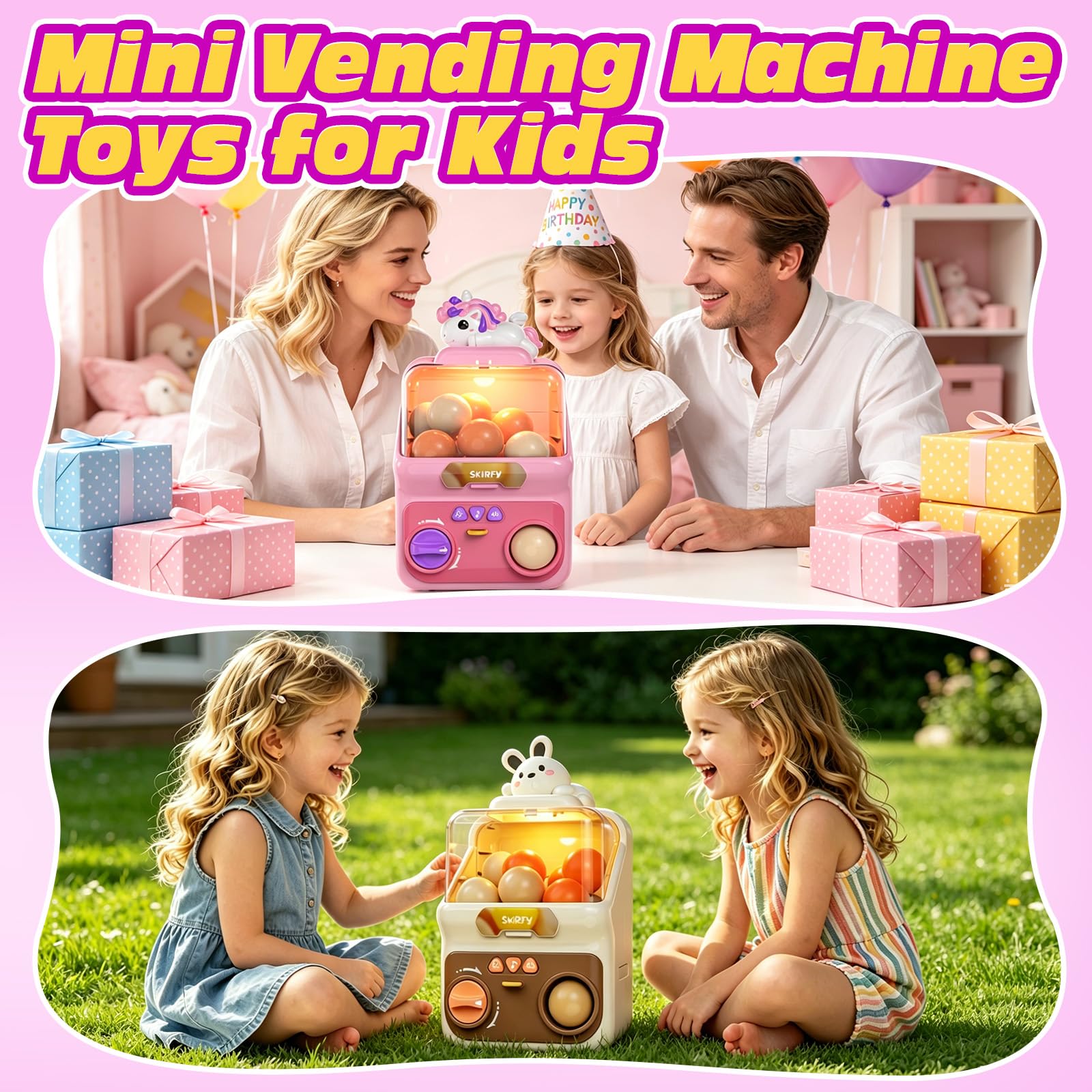Skirfy Distributore di Capsule Unicorno con Monete per Bambini | Con 15 Capsule da 45 mm, 10 Peluche, Luci e Suoni, Macchina Premio per Feste e Regali Bambine 6+