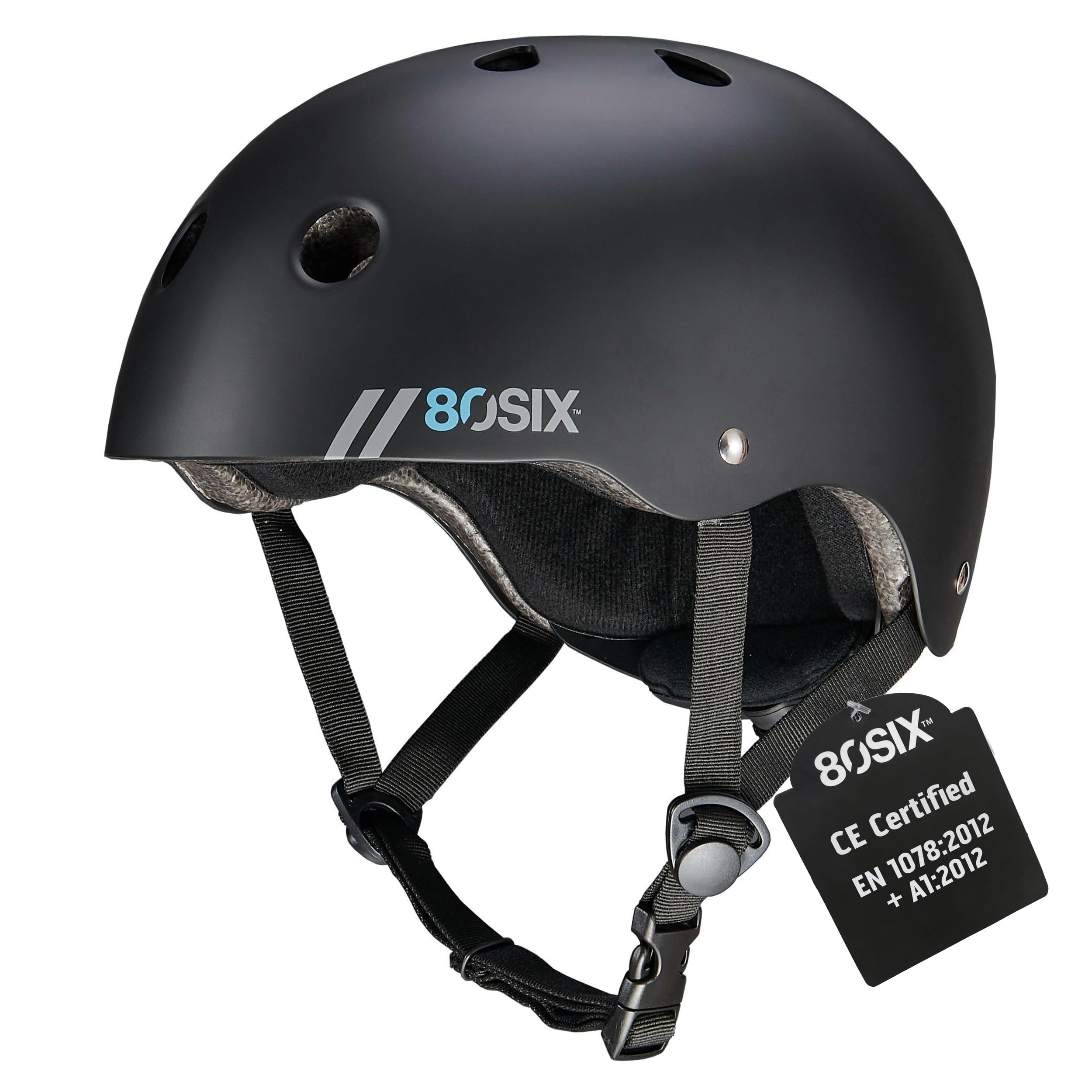80SIX Hybrid Halo Skateboard & Bike Helmet for Kids, Youth & Adults, EPS Safety Adjustable Protection for Cycle, Motorbike, Scooter, Inline Skates, Roller Skates & BMX Multi-Sport, BLACK MATTE S/M