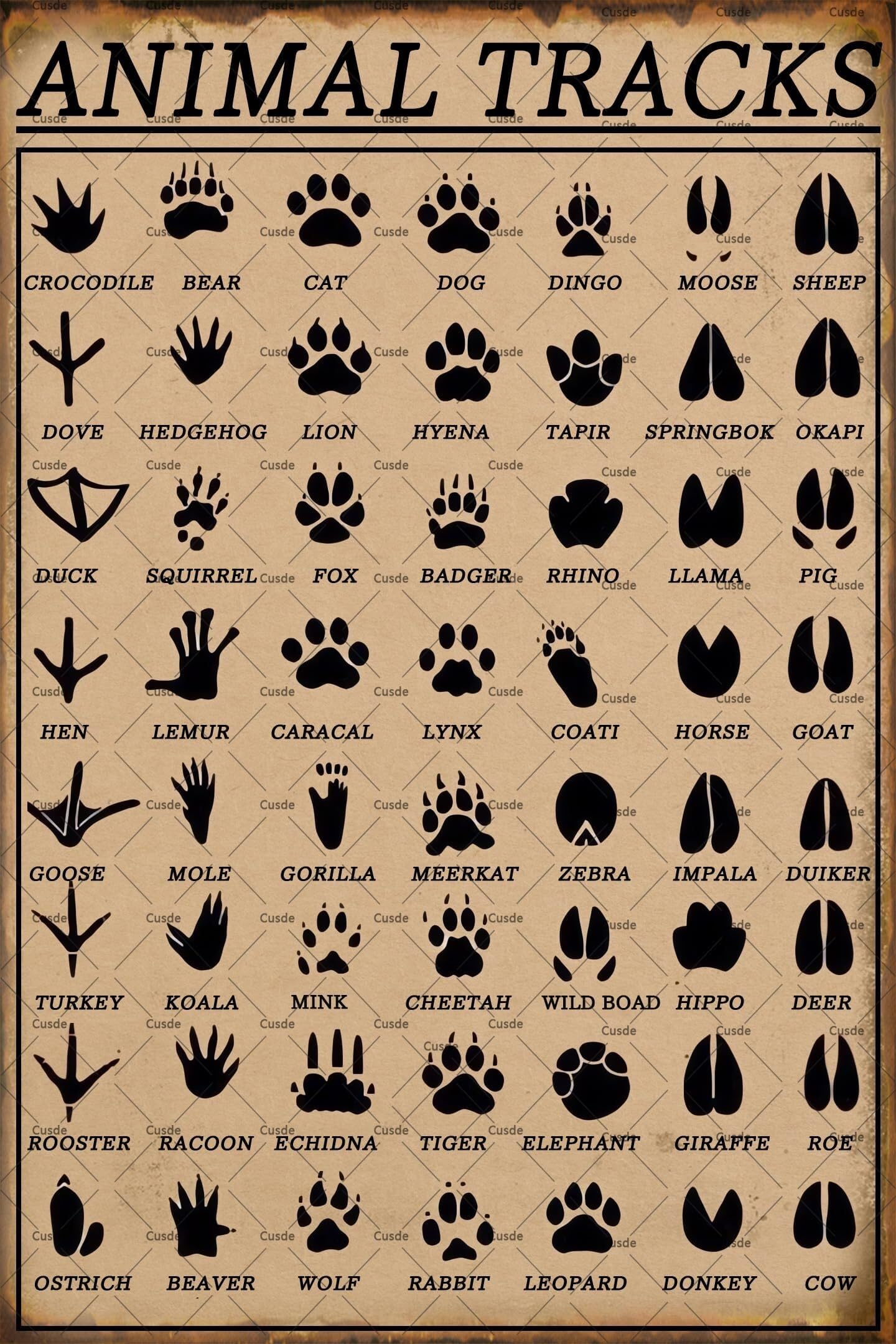 XGINERFEX Vintage Animal Tracks Metal Sign, Funny Hunting Decor with Wildlife Footprints, Rustic Tin Plaque for Cabin Nursery Man Cave Wall-Art(Framed,12x18inch(30x45cm))