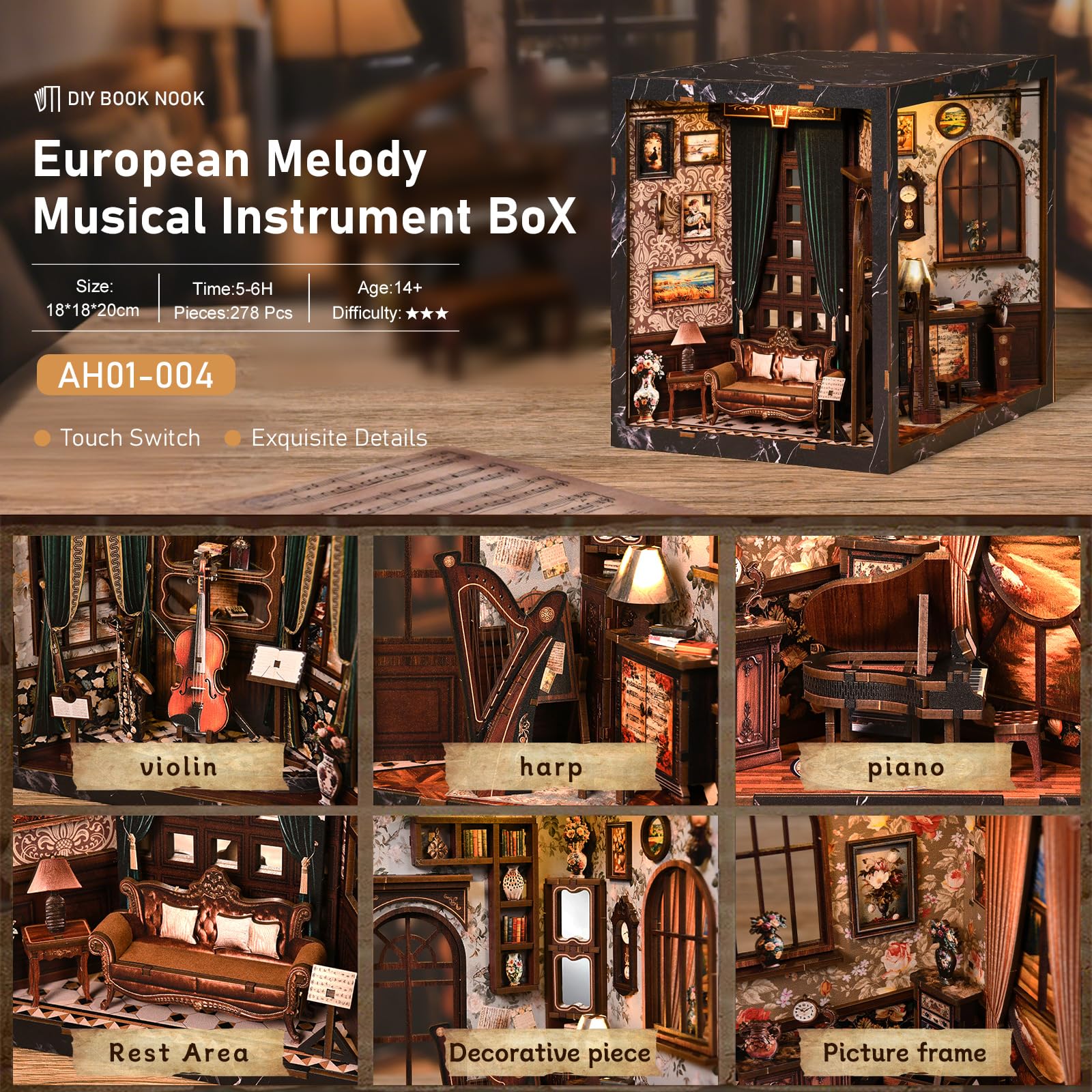 BATTREVO DIY book nook kit-Klassische Instrumente-mit LED Licht,diy set erwachsene,nook book,3D Holzbausatz für Bücherregal Deko