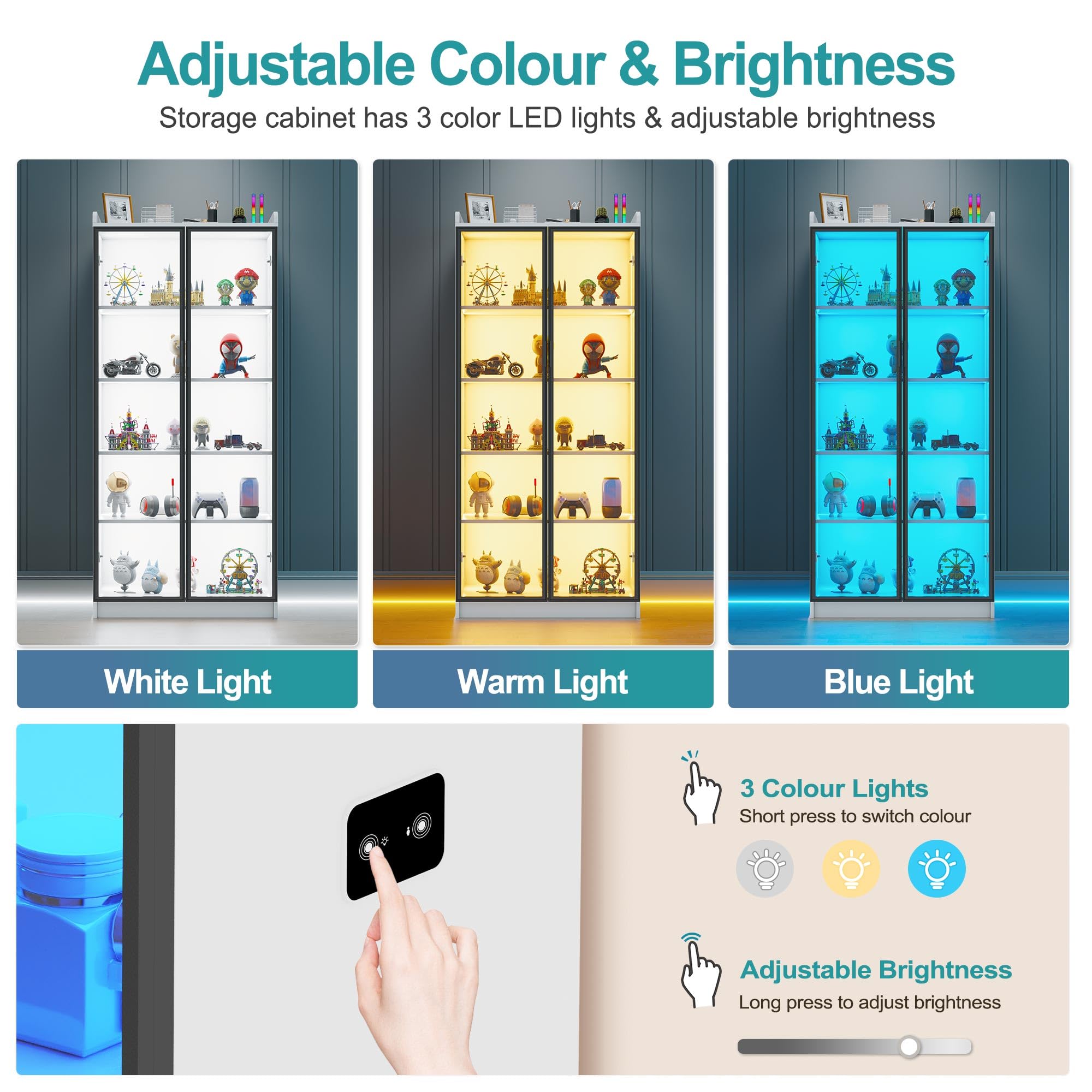 Vitrina Expositora con Iluminación LED - Vitrinas para Coleccionistas,Vitrina Cristal con Sensores,5 Estantes Regulables en Altura y Puerta Acrílica para Salón,Dormitorio,Blanco