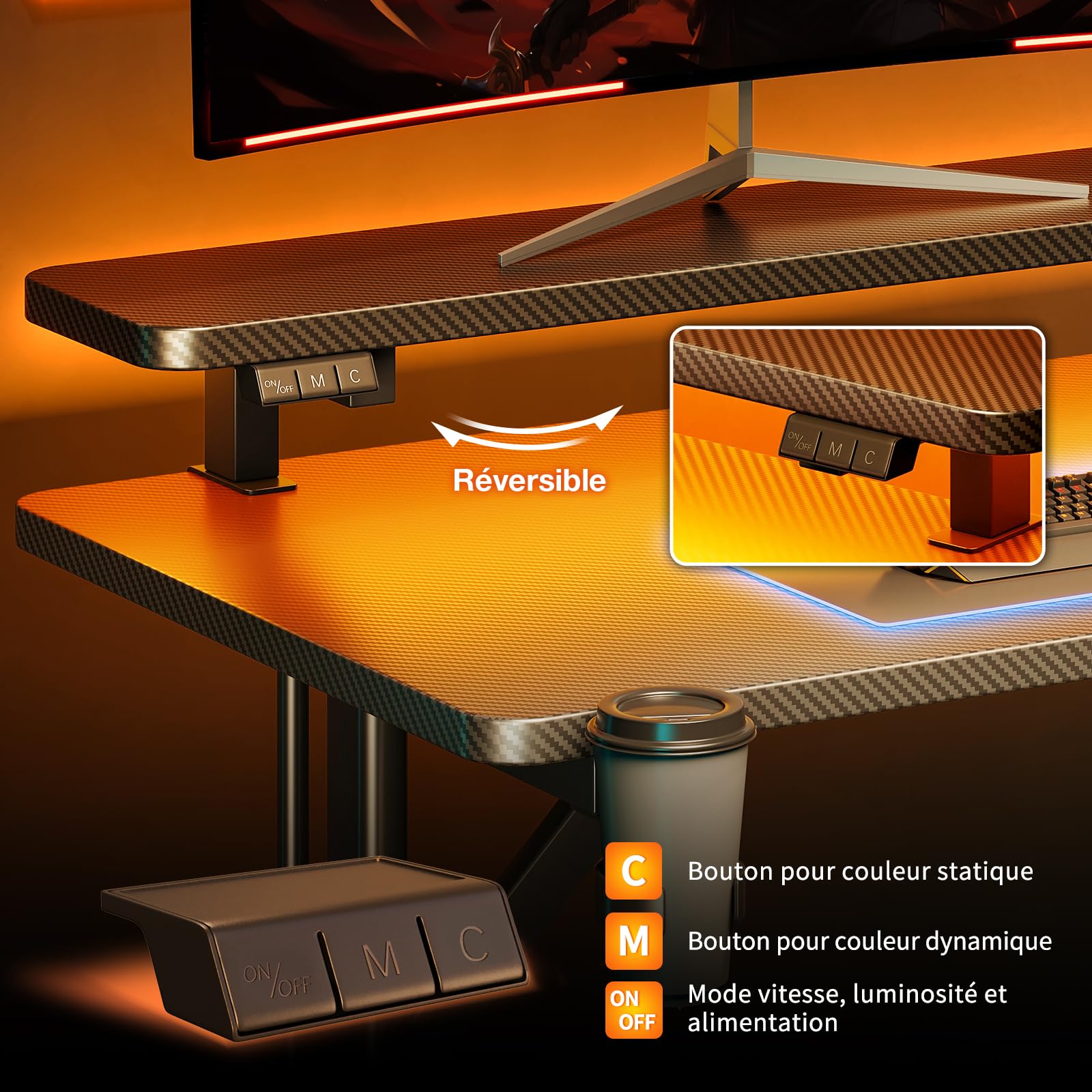 ODK Bureau Gaming avec Lumières LED, 80cm Bureau Gamer avec Support de Moniteur, Table Gaming avec Porte-Gobelet et Crochet pour Casque D'écoute, Fibre de Carbone Noir