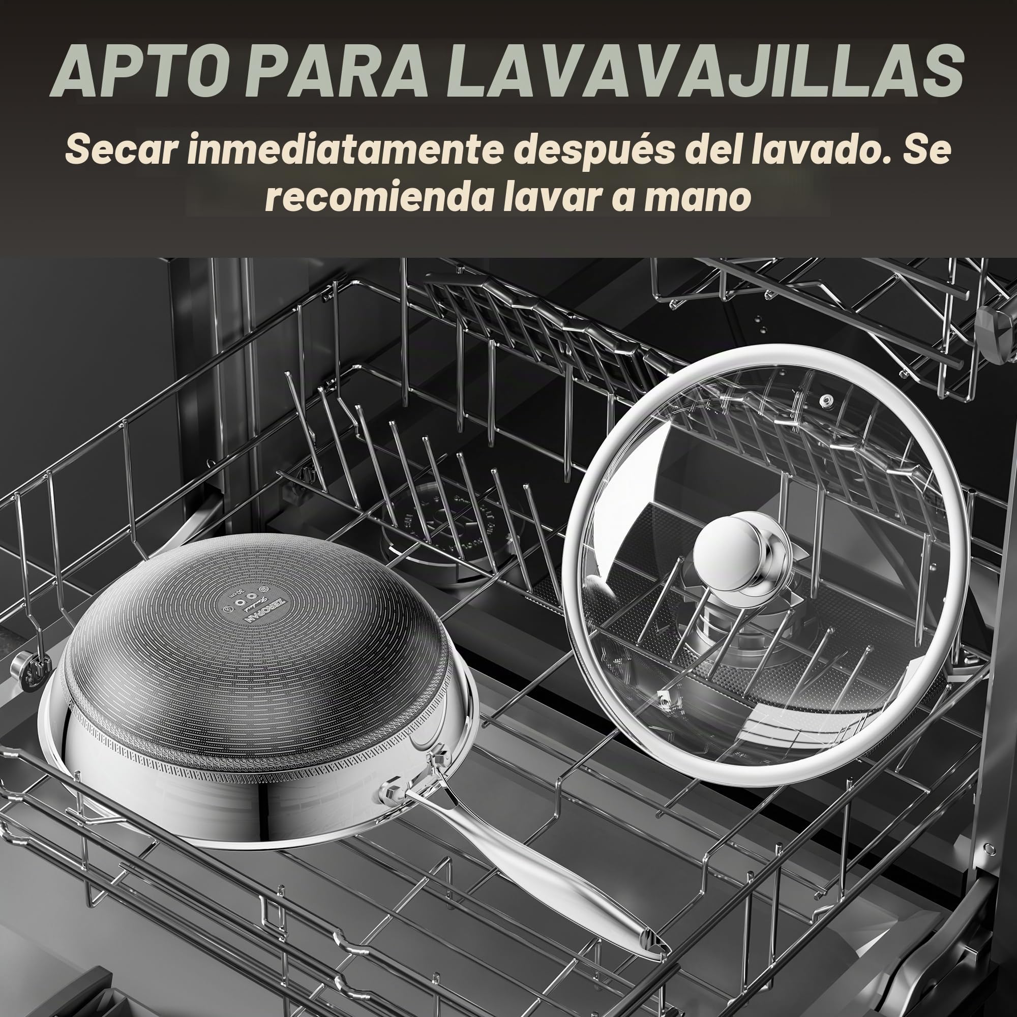 Wok antiadherente con tapa de 30 cm, wok híbrido de acero inoxidable, sartén, mango que se mantiene frío, fácil de limpiar, libre de PFAS PFOA y PTFE, apto para horno hasta 260 °C, apto para