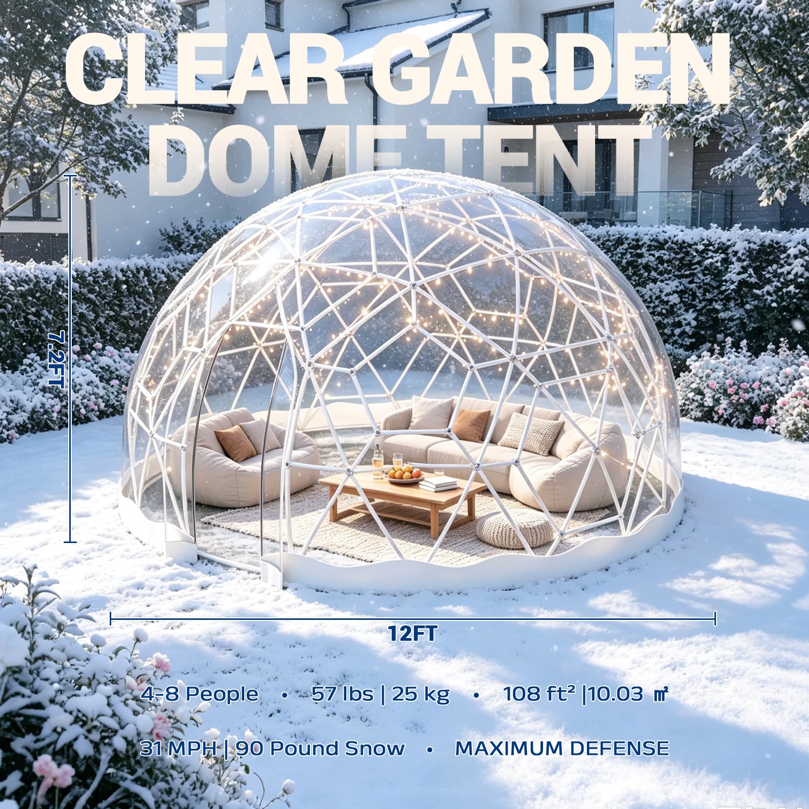 3,6M x 2,2M Gewächshaus Gartenkuppel Igloo, TPU Geodätische Blasenzelt für 8 Personen, Gartenblasenzelt Gartenkuppel Igloo mit 2 Lichterketten, Durchsichtiges Kuppelzelt für Hinterhof, Hochzeit, WEISS