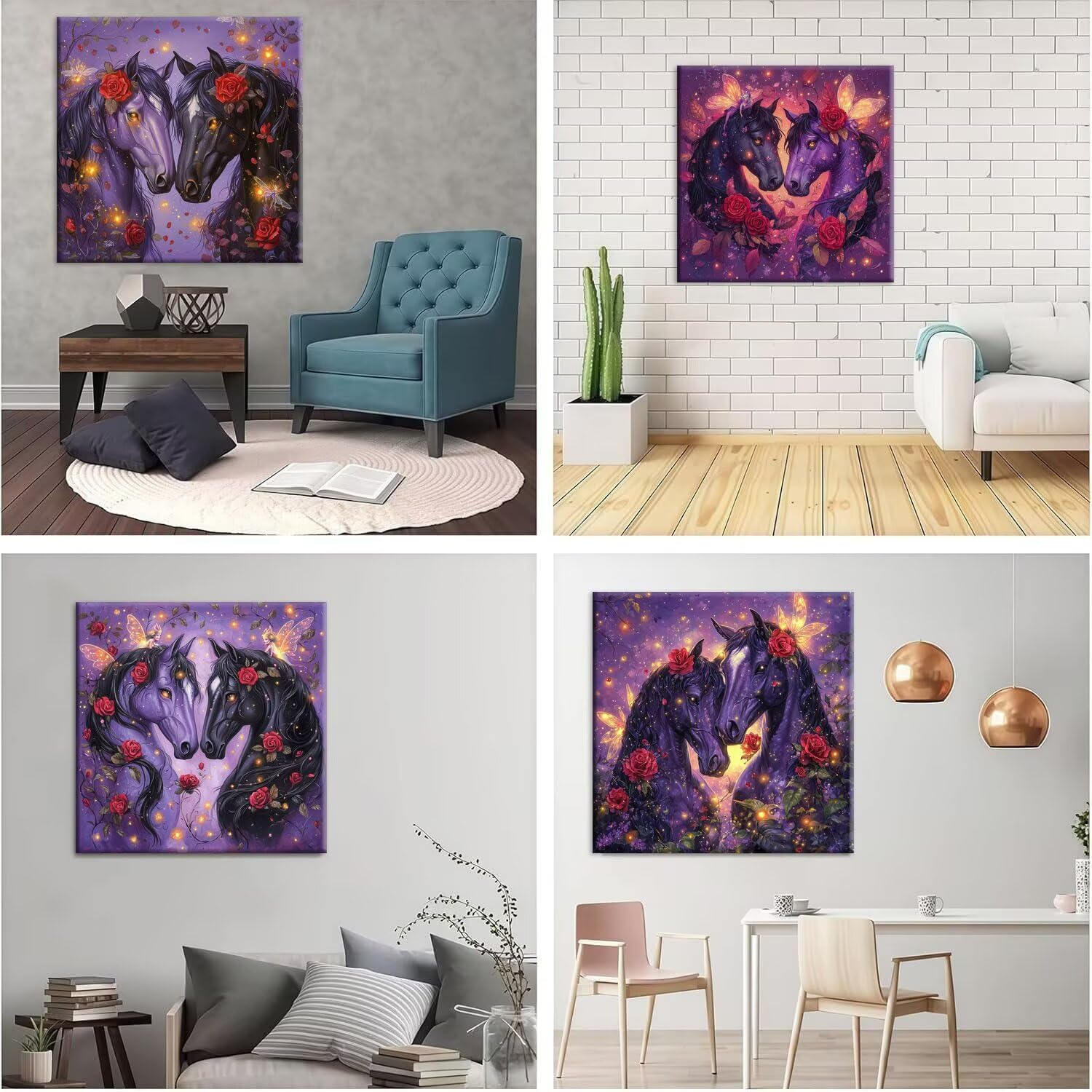 Pferde Rose Diamond Paining, 5D Diamant Painting Bilder 60x60cm t-520 | 4 Pack Diamond Painings Erwachsene, 5D DIY Diamant Malerei Mosaikherstellung für Relaxation and as a Wall Deko Geschenk