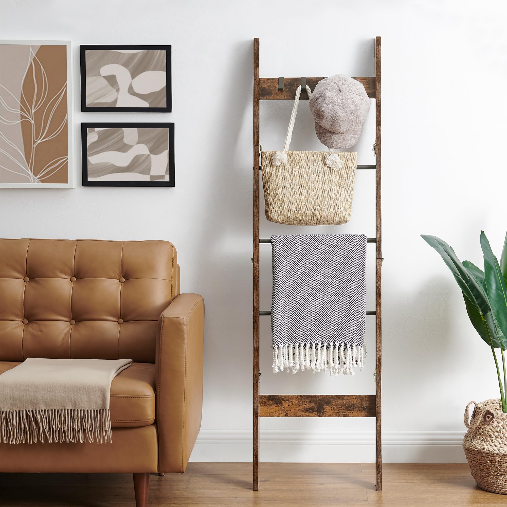 Hzuaneri Blanket Ladder for Living Room, Decorative Quilt Rack with 4 Removable Hooks, 5-Tier Farmhouse Ladder Holder Shelf Organizer for Bedroom, Rustic Brown and Black 02101BBR