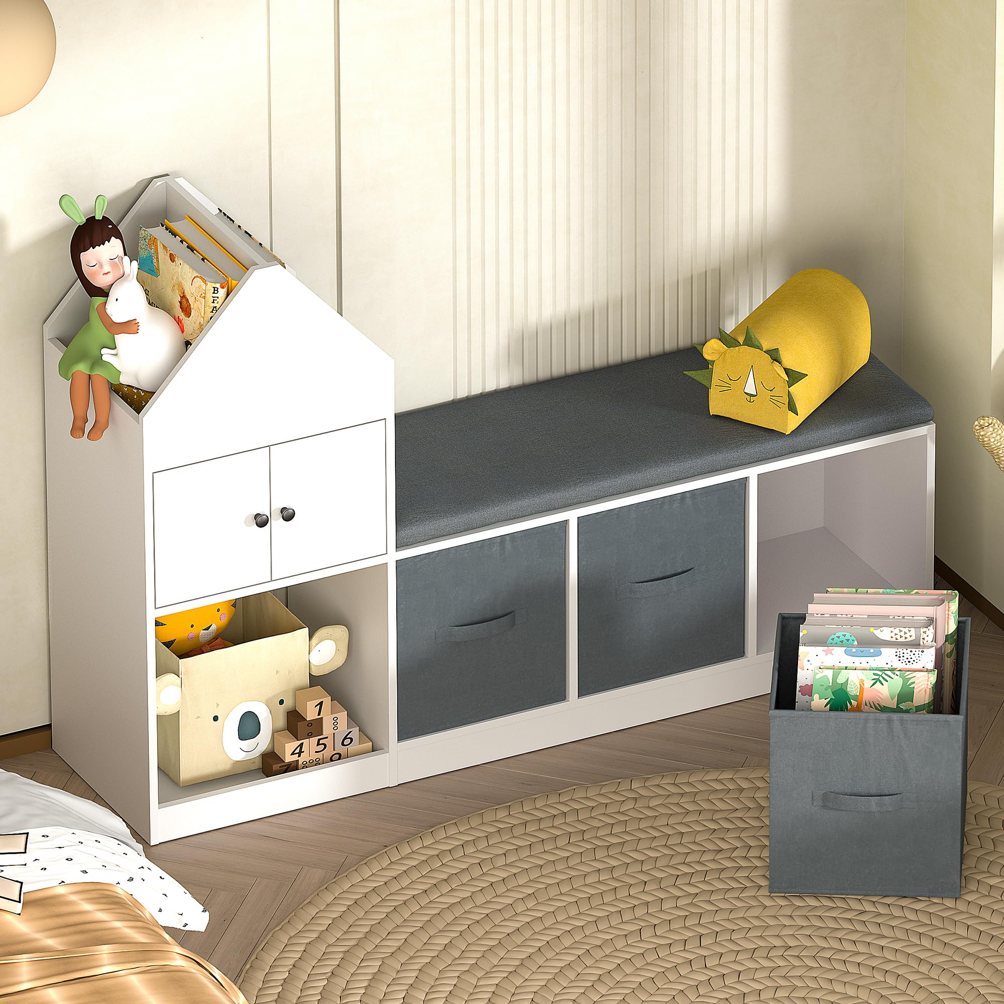 KEEPREAPER Kinderregal mit Kissen, Kinder Sitzbank mit 3 Aufbewahrungsboxen & 3 Fächer, Kinder Bücherregal, Spielzeugregal aus Holz, Aufbewahrungsregal für Kinderzimmer, 116x30x80cm, Weiß und Grau