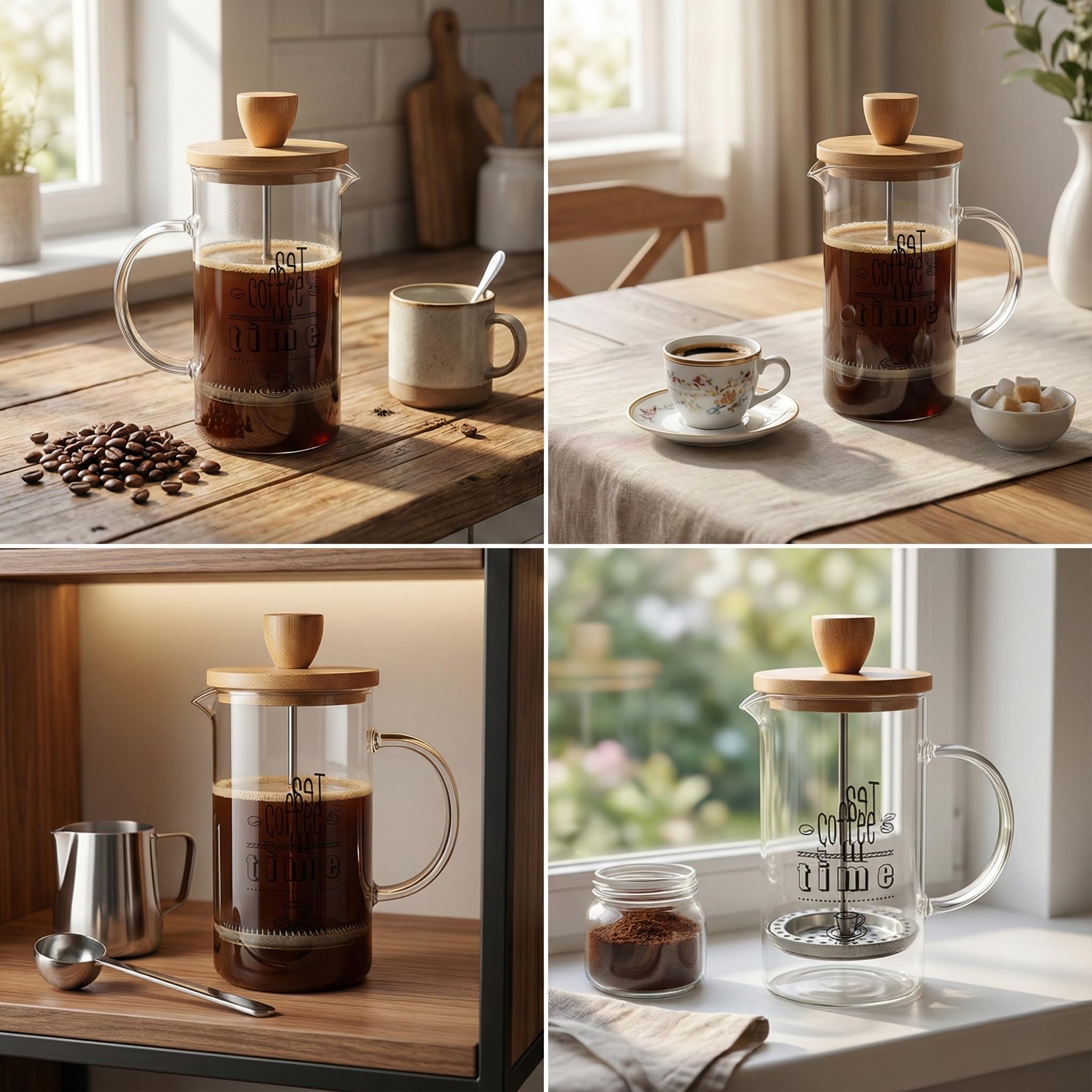 Deconox Bambu Kapaklı French Press 350 ml – Borosilikat Cam Bitki Çayı ve Filtre Kahve Demleme Ekipmanı, Paslanmaz Çelik Filtreli Kişisel Kupa Boy
