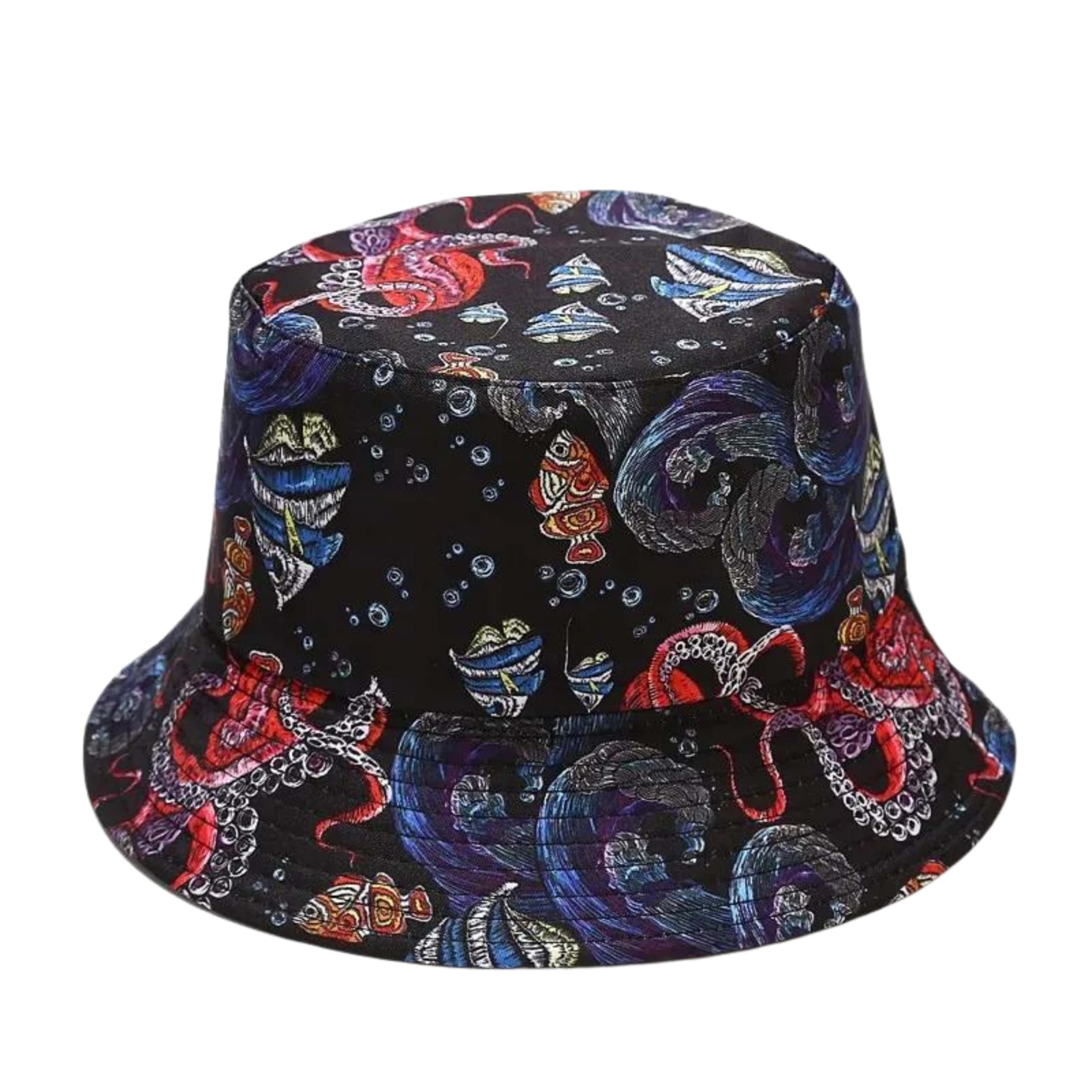 Beach Combers Shop Ocean Creatures Sea Life Beach Fishing Reversible Bucket Hat Style - Medium - All Over Print Multicolor (Black Reef)