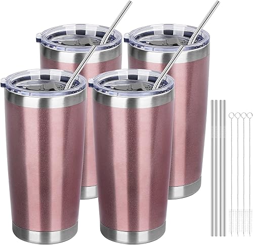MEZMUT Paquete de 4 vasos aislados con tapas y pajitas de acero inoxidable de 20 onzas, taza de café de doble pared al vacío, tazas de café de viaje