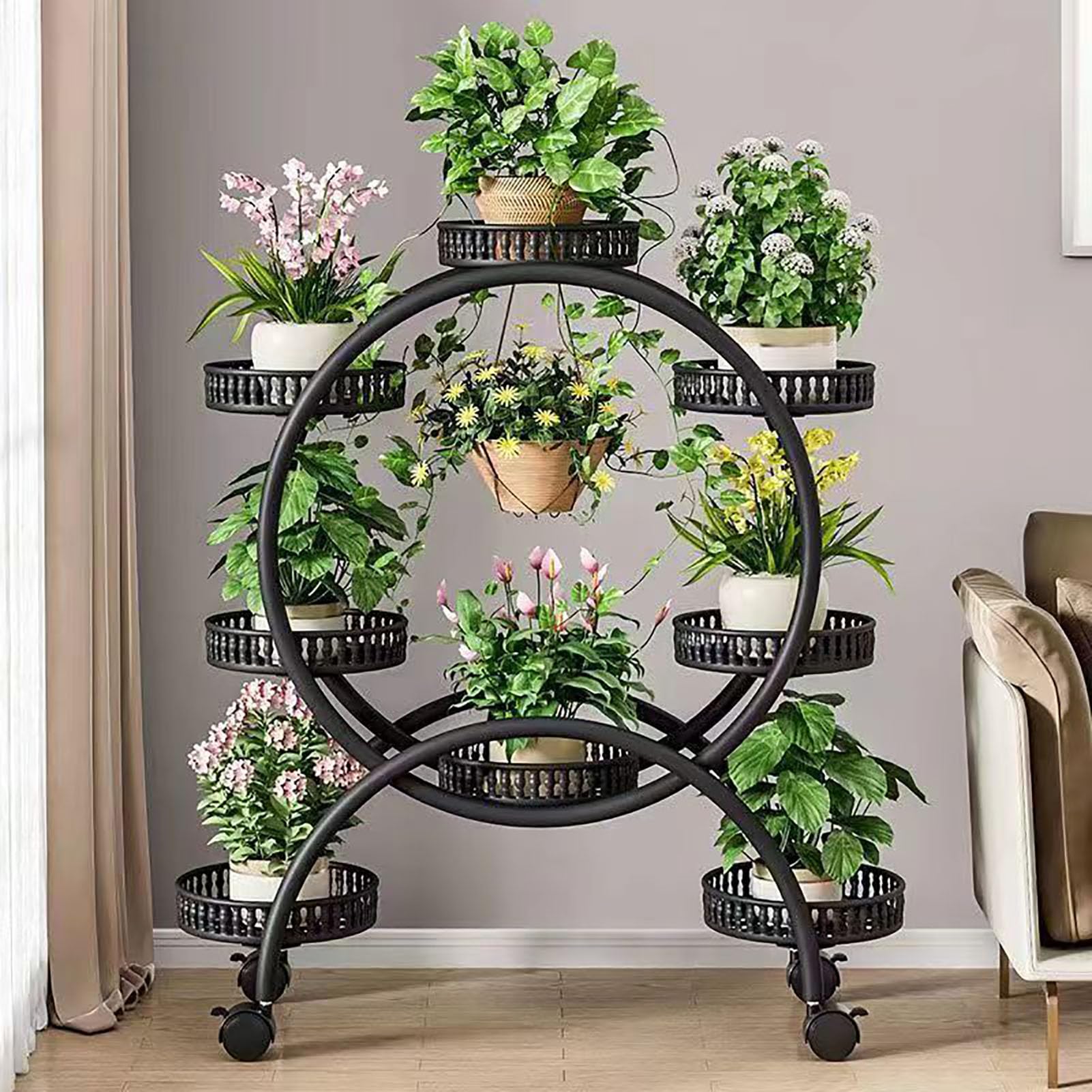 UIHECTA Multi-Layered Flower Stand, Creative Metal Plant Stand, Balcony Flowerpot Stand, 4/6/8 Trays, With Wheel, Garden Plant Rack, Home Decorative,Black,8 Flower Plate
