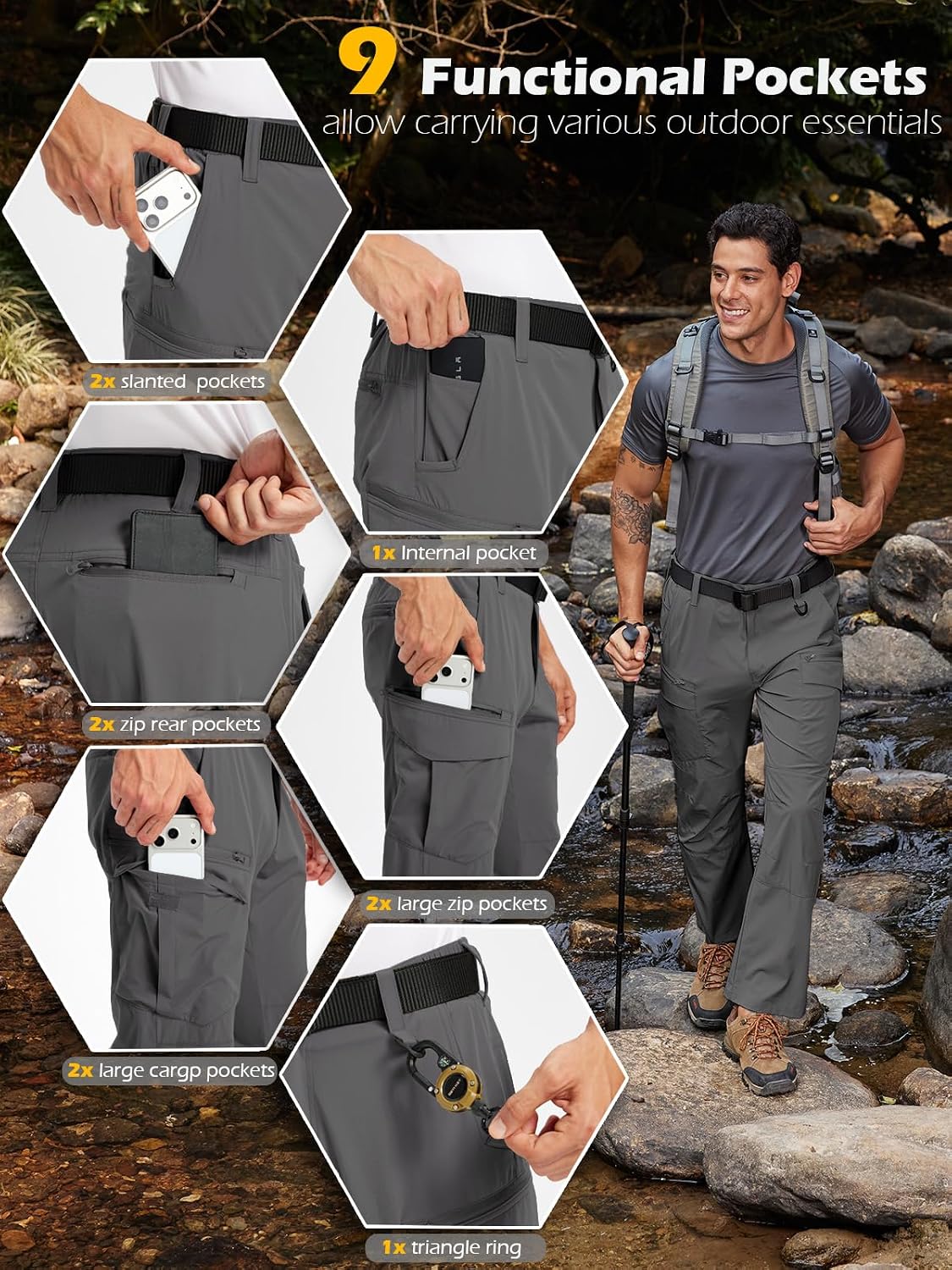 NAVEKULL Men's Quick Dry Hiking Pants Lightweight Water Resistant Work Cargo Pants Stretch Outdoor Fishing Tactical Trousers