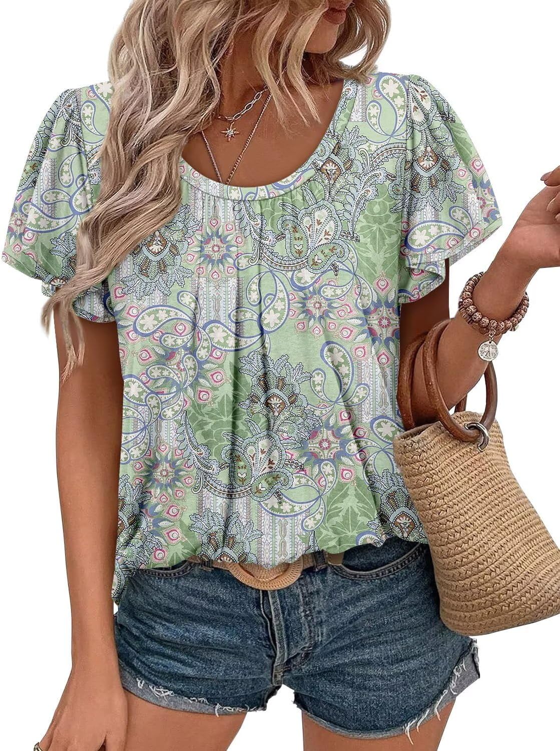 KISSMODA Women's Short Sleeve Floral Crew Neck Tunic Shirt - Image 5