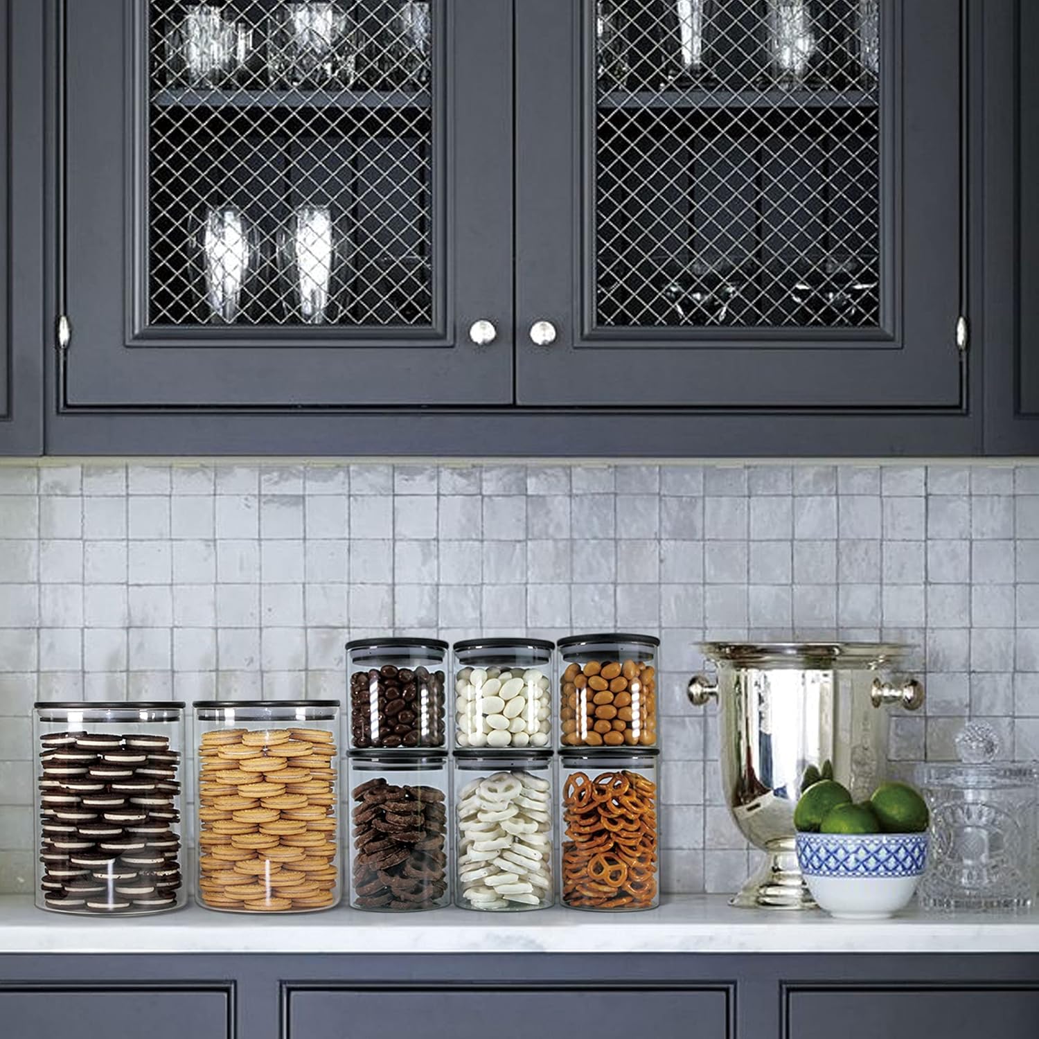 Urban Green Glass Jars with Black Bamboo Lids, Food Storage Containers with Airtight Black Lids, Glass Kitchen Canisters Sets (3 pack of 20oz + 3 pack of 30oz)