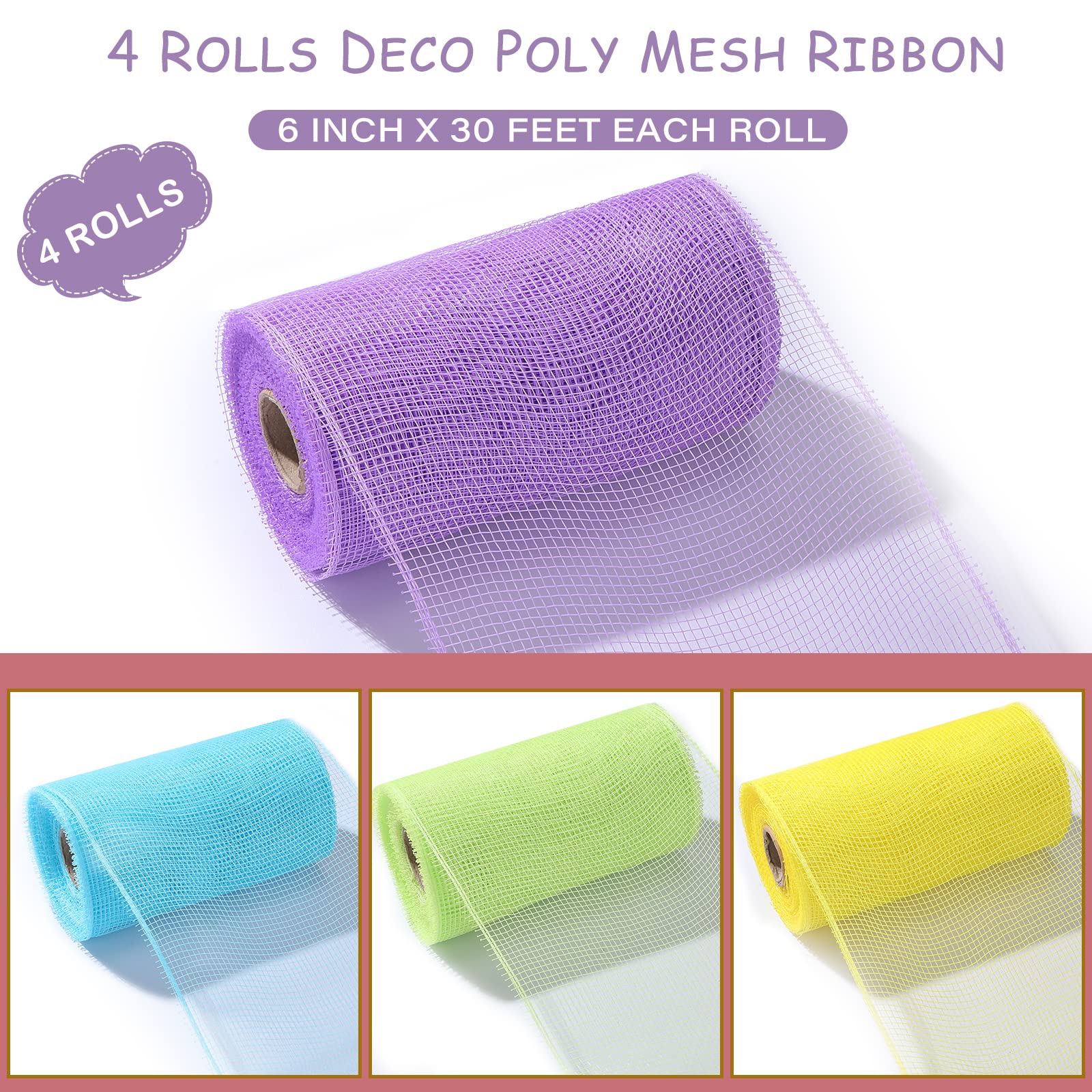 Waydress 4 Rolls Easter Decor Mesh Ribbon Making Supplies Poly Mesh Ribbon for Halloween Craft Wreaths Decorating 30 Feet Each Roll(6 Inch Wide,Yellow, Green, Blue, Purple)