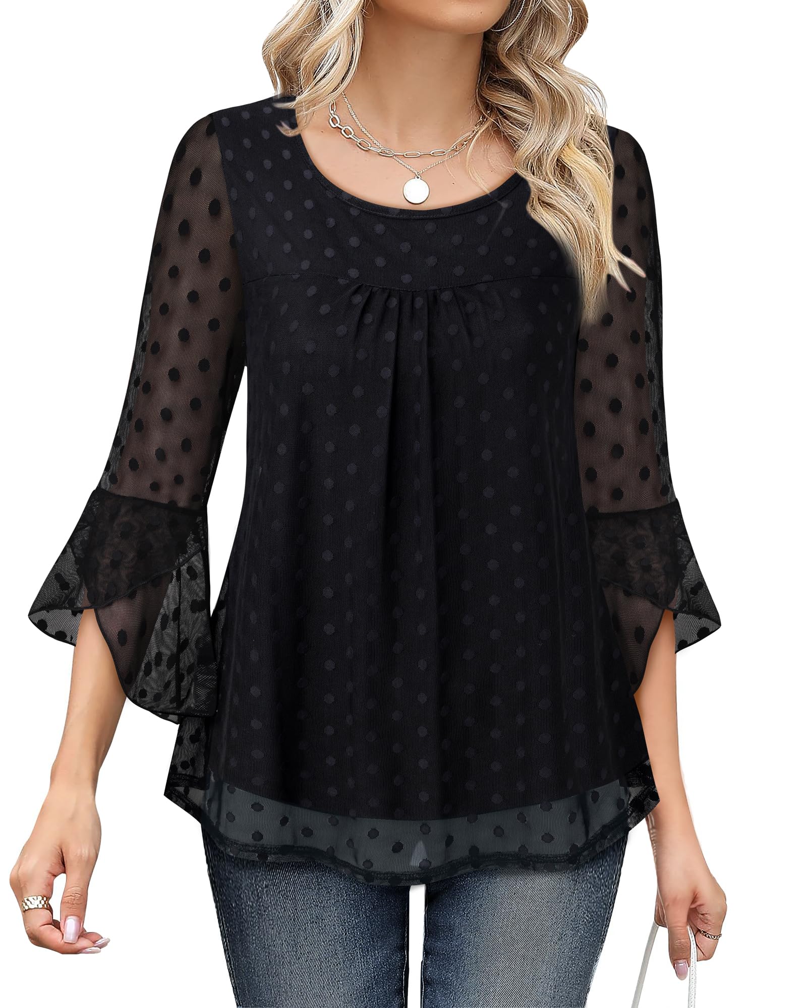 Bebonnie Womens Ruffle 3 4 Sleeve Elegant Dressy Blouses Crew Neck Double Layers Mesh Tunic Tops