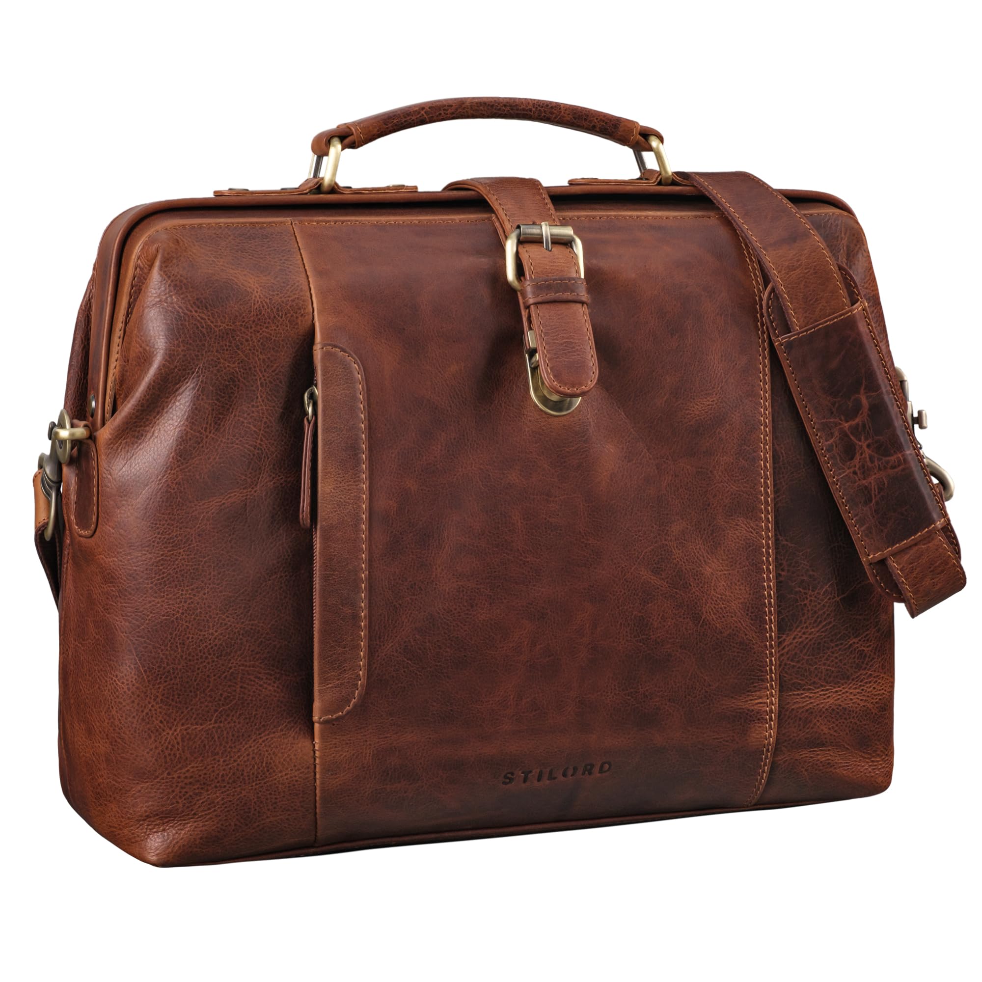 STILORD "Casey Vintage Bolso de Mano Piel Mujer Hombre Bolsillo de Médico Cuero Genuino Bandolera Retro Bolsa con Cierre de Marcos Único Color:marrón - medio