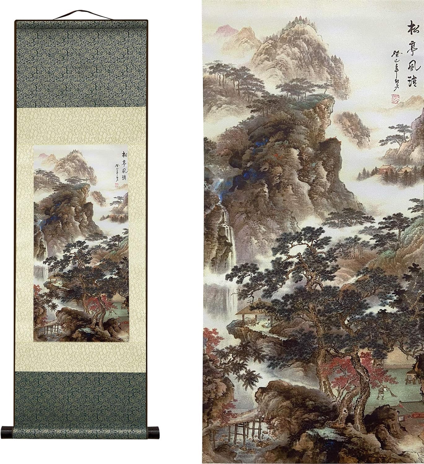 Atfart M-164 Silk Wall Art - Asian Landscape Decor: Waterfall River Scene With Pine Pavilion - Chinese Art (36.2X12in)