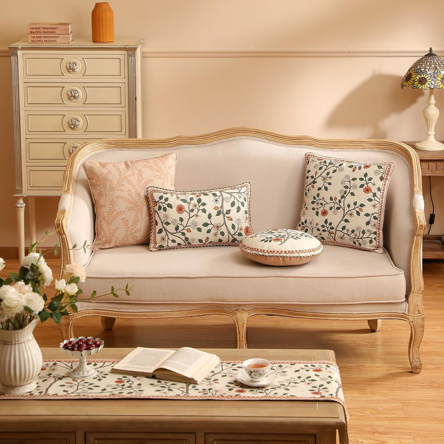 ISAENNE Design Linen Classic Throw Pillow Covers Diameter 16" Pack of 2, French Farmhouse Round Cushion Covers with Orange White Floral Pattern Decor Pillowcases for Bed,Living Room,Outdoor,Car