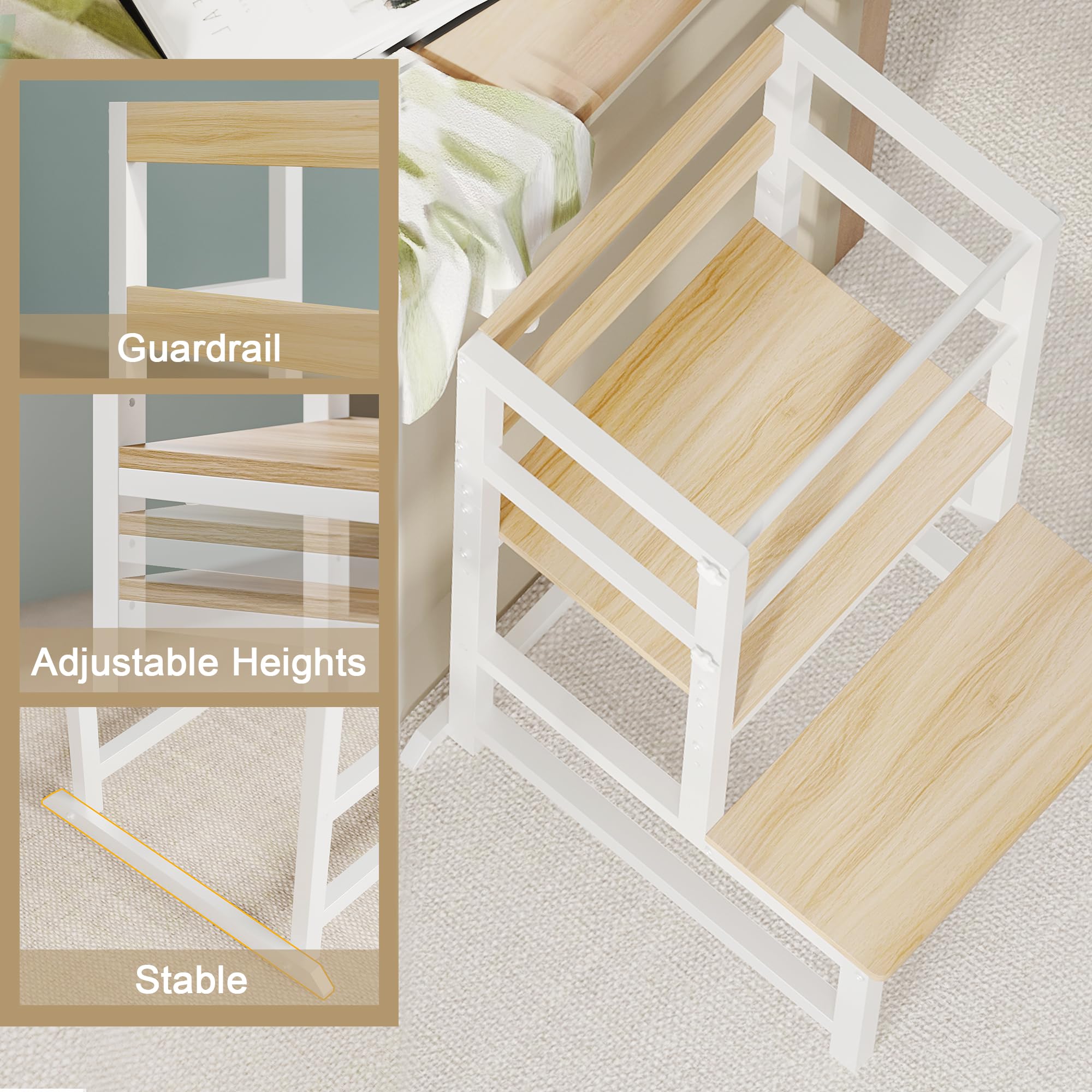 Taburete de cocina para niños pequeños, torre de altura ajustable con riel de seguridad, taburete de cocina de acero y madera para niños, taburete de cocina para niños, torre de aprendizaje, taburete