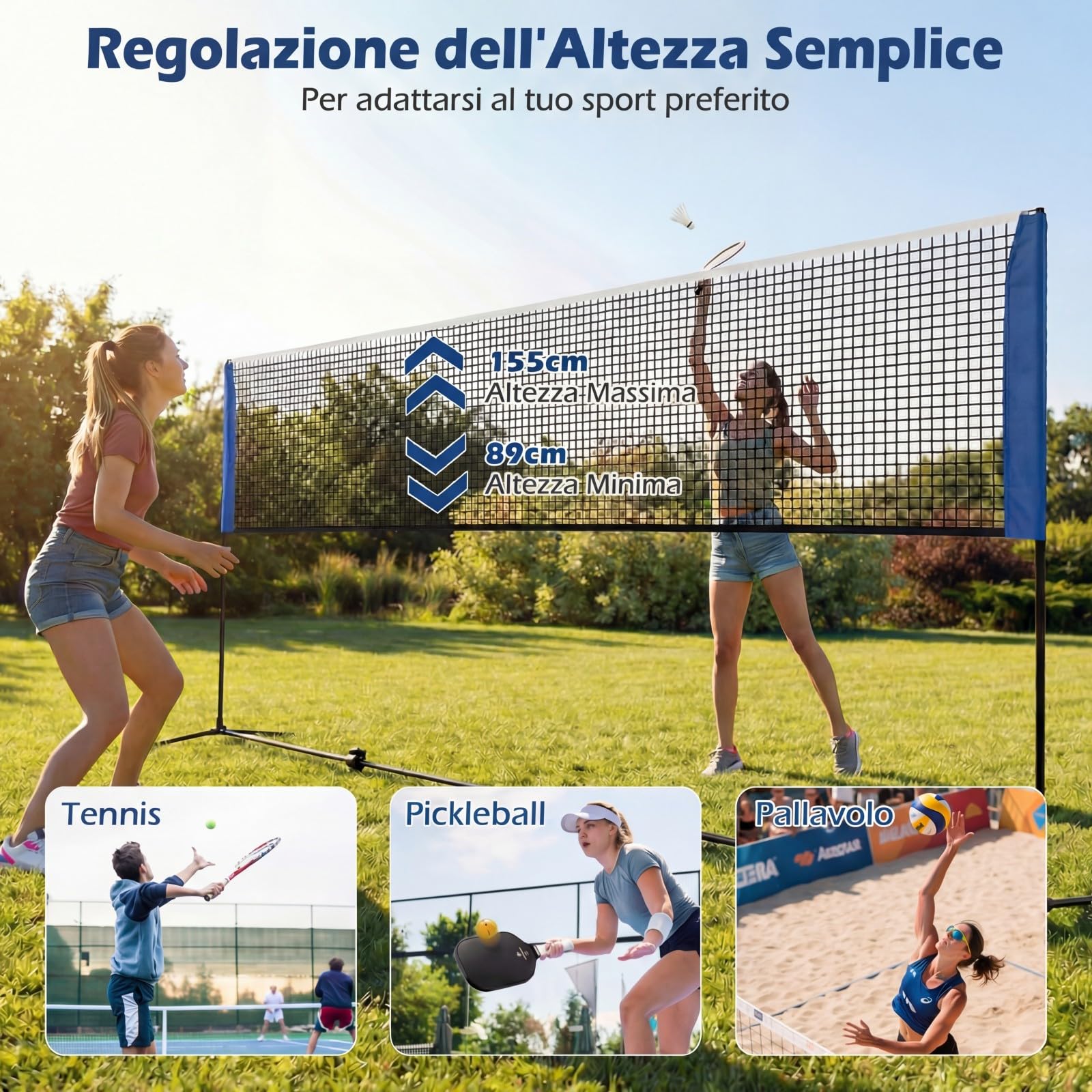 COSTWAY Rete da Badminton 310/420/510 cm Portatile e Regolabile in Altezza, Rete da Badminton con 2 Volani, Tappi per Piedi, Morsetti e Borsa, per Pallavolo e Pickleball