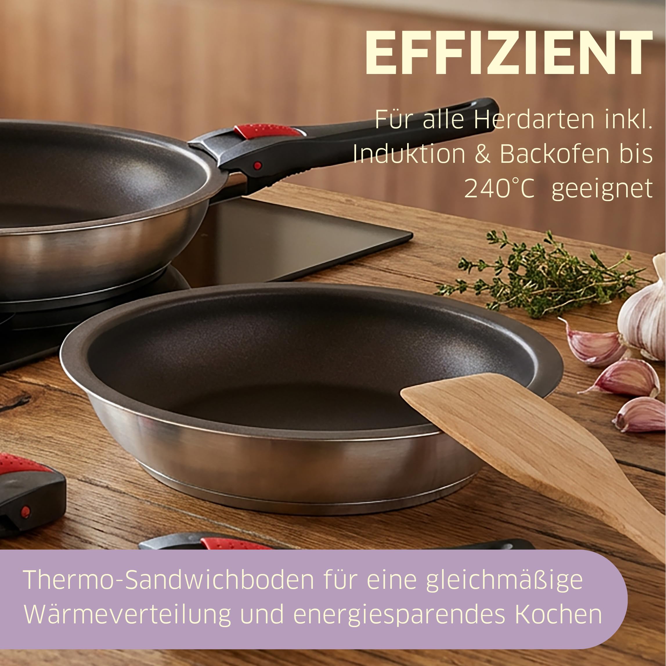 Pfannenset 3-tlg, abnehmbarer Griff, Induktion | Glasdeckel, Edelstahl 18/10, spülmaschinenfest, ideal für Camping, Backofen und platzsparend stapelbar