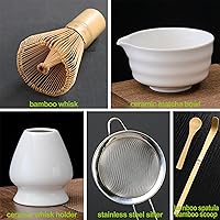 Vista 5 de Juego de batidor de matcha, incluye cuenco de cerámica con boquilla, batidor de matcha, soporte y tamiz, cuchara y cuchara de bambú tradicional, kit