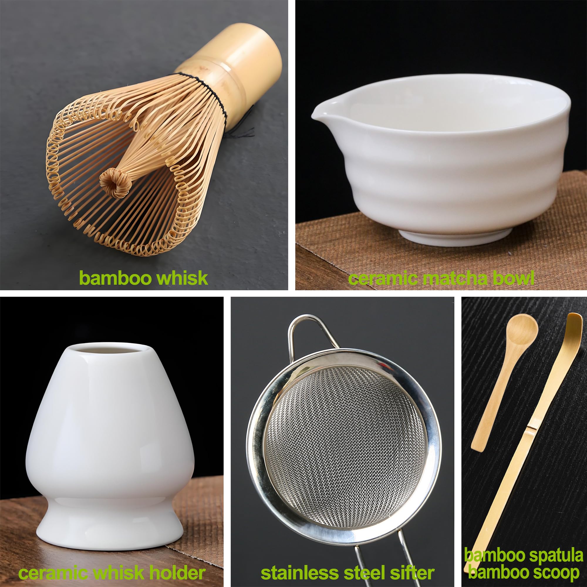 Grusce 6Pcs Matcha Whisk Set Reusable Matcha Tea Set Japanese Matcha Making Set Bamboo Matcha Whisk Tea Scoop Stainless Steel Tea Strainer Clear Whis