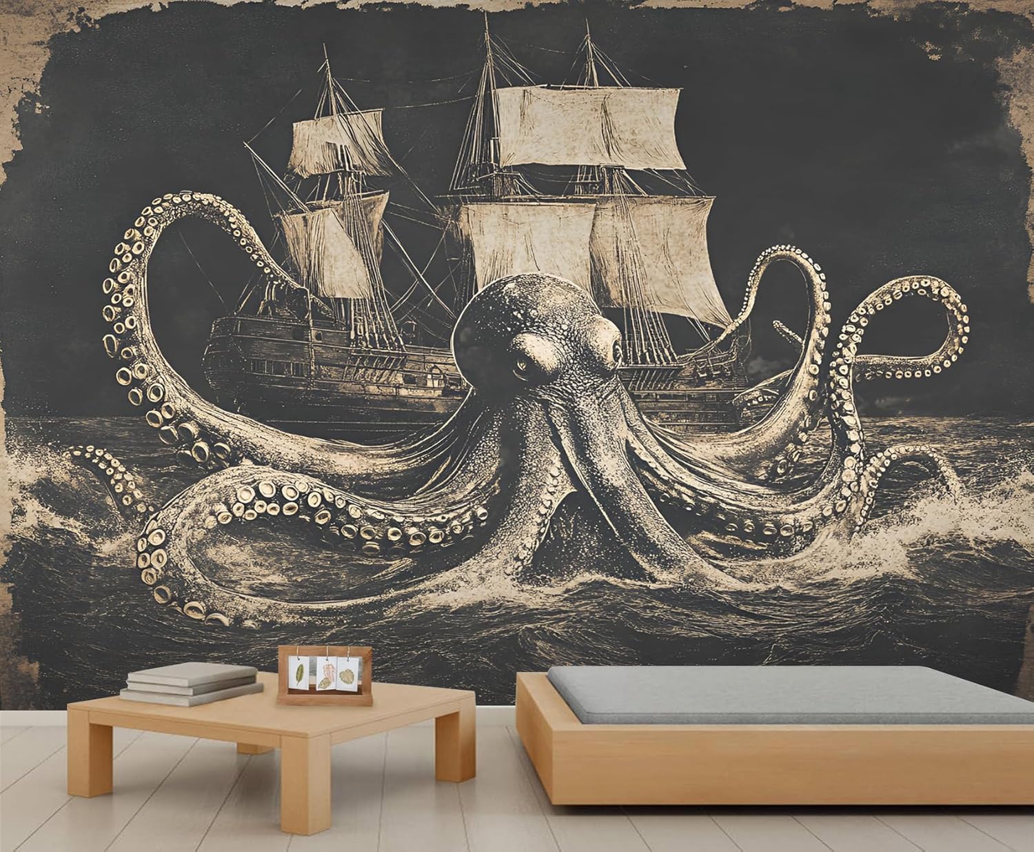 Vintage Nautical Octopus Wall Mural Bedroom - 59" x 39" Mural, Kraken Wallpaper for Living Room, Vintage Tentacle 3D Wall Murals, Octopus Murals Wallpaper (Not Peel and Stick)