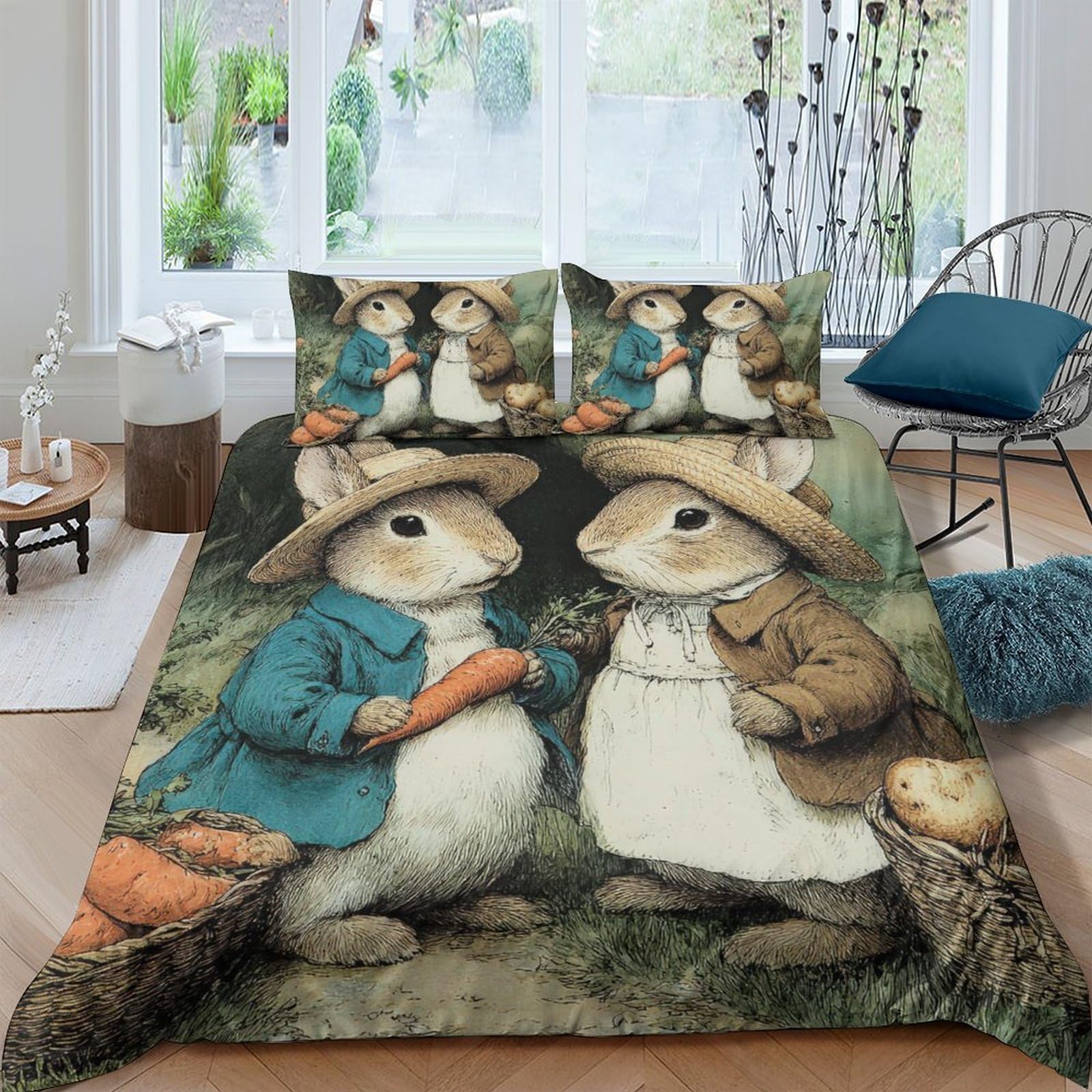 GPLZQXKJNH 3D Printed Rabbit Couple Duvet Cover Microfiber Soft Breathable Carrot Forest Bedding Set with 2 Pillowcases for Bedroom Decor Single（135x200cm）