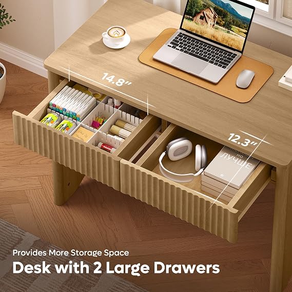 Bestier 100CM Fluted Computer Desk with 2 Drawers, Small Wooden Writing Study Work Desk, Computer Table, Compact Executive Home Office Desk for Small Spaces, Bedroom, Study, Living Room，Oak
