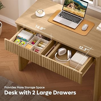 Bestier 100CM Fluted Computer Desk with 2 Drawers, Small Wooden Writing Study Work Desk, Computer Table, Compact Executive Home Office Desk for Small Spaces, Bedroom, Study, Living Room,Oak
