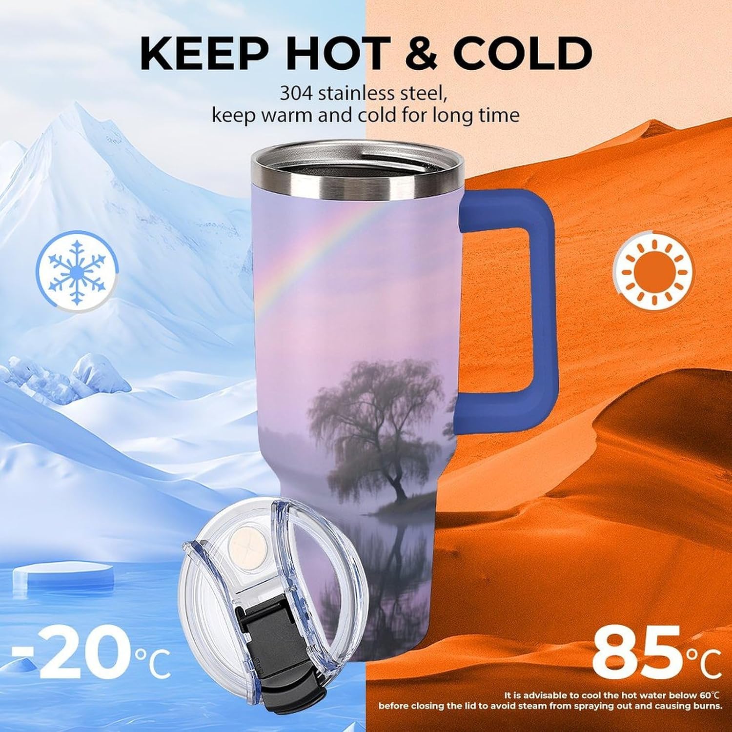 40 Oz Insulated Mug with Handle Lid And Straw Willow Forest Rainbow Pattern Large Metal Sports Bottle Great for Gifts Parties Office Coffee