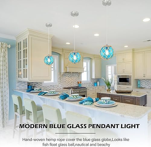 Miniatura 9 de Paquete de 3 lámparas colgantes costeras azules de 6 pulgadas para isla de cocina, lámpara de techo con globo de vidrio oceánico, lámpara de techo