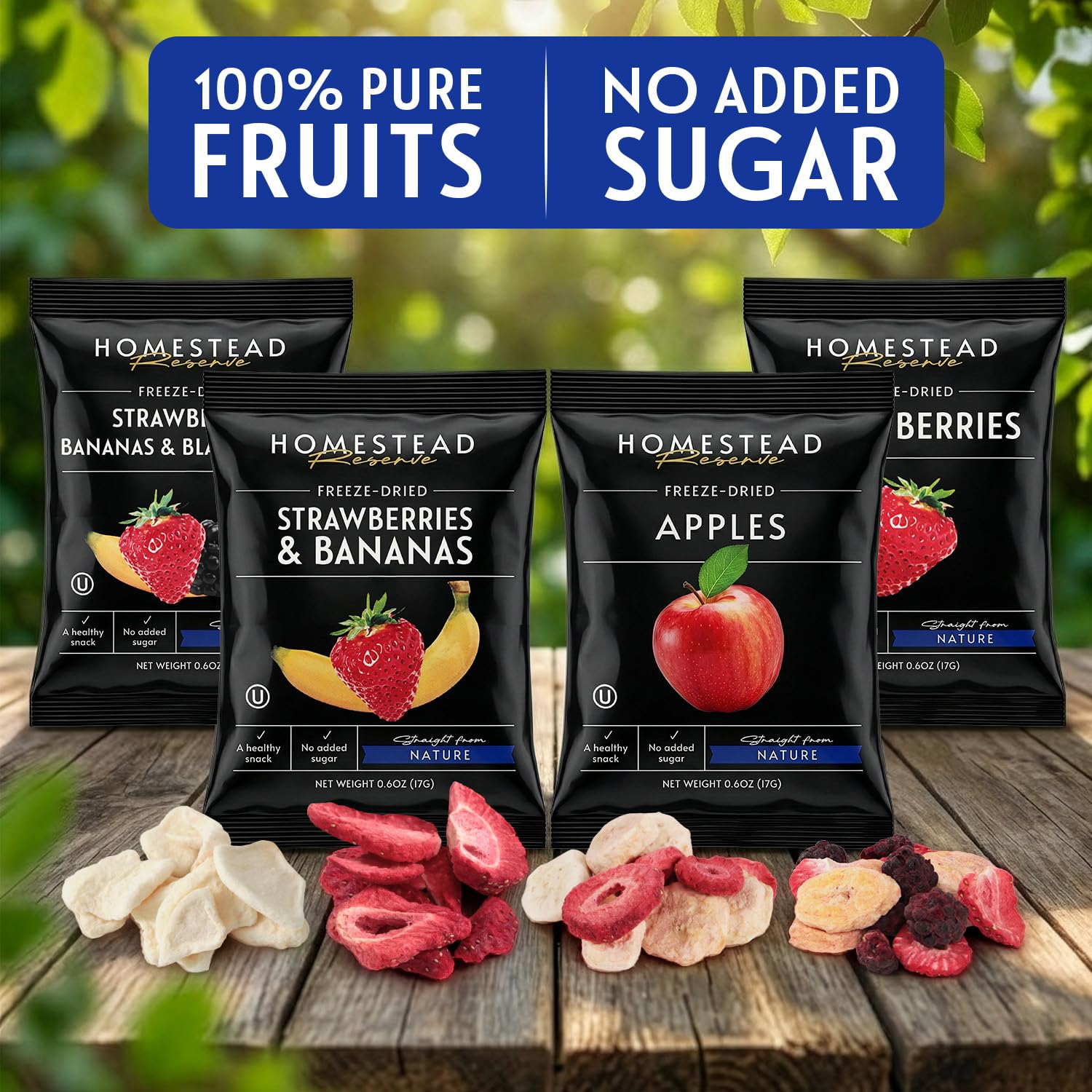 HOMESTEAD RESERVE Freeze Dried Fruit Snacks, Pack of 8 (0.6oz Each) – Bulk Freeze-Dried Fruit for Home or Travel – Individual Snack Packs for Lunchboxes – Includes Apples, Strawberries, Blackberries & Bananas.