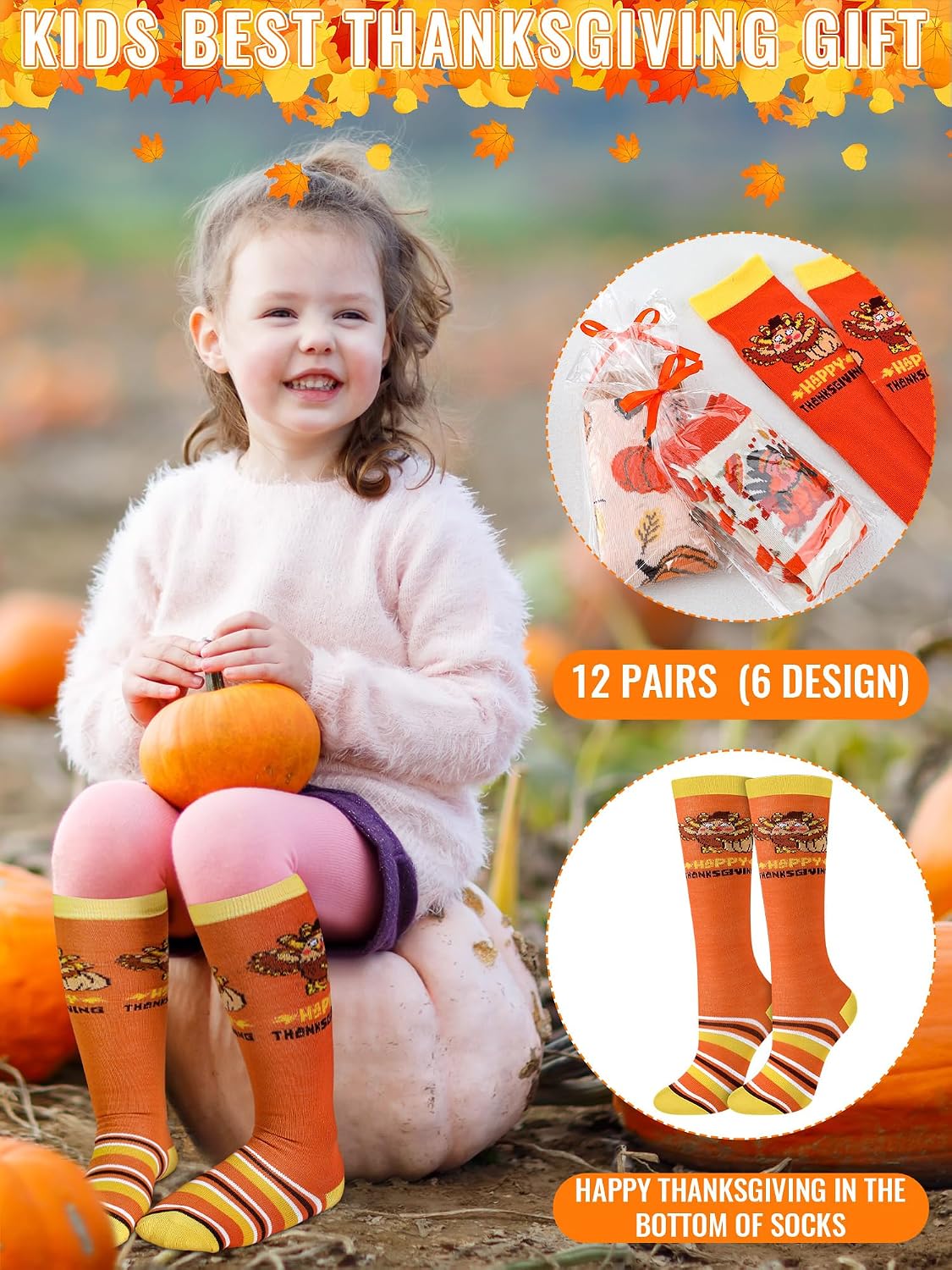 Patelai 6 Pairs Funny Thanksgiving Socks for Kids Knee Autumn Turkey Pumpkin Fall Socks Holiday gift for Child Boy Girl Aged