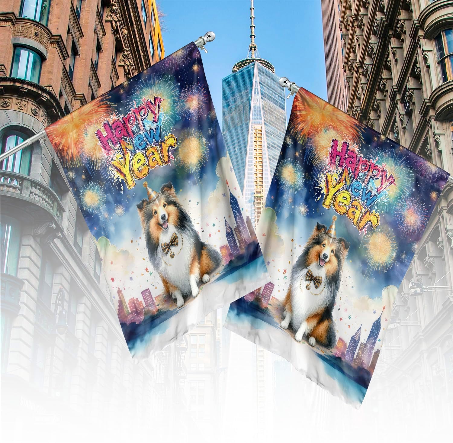 Happy New Year with Shetland Sheepdog Fireworks Holiday Xmas Winter 2025 House Flag 28x40in Double Sided Sheltie Dog Lover Gifts Outdoor Decor - 025