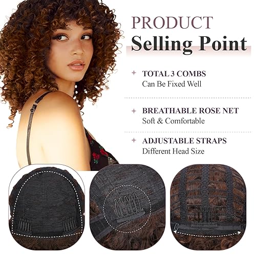 Miniatura 7 de Lady Hanne Peluca rizada afro con flequillo, pelucas afro rizadas cortas para mujeres negras, 12 pulgadas, pelucas rizadas sintéticas marrón