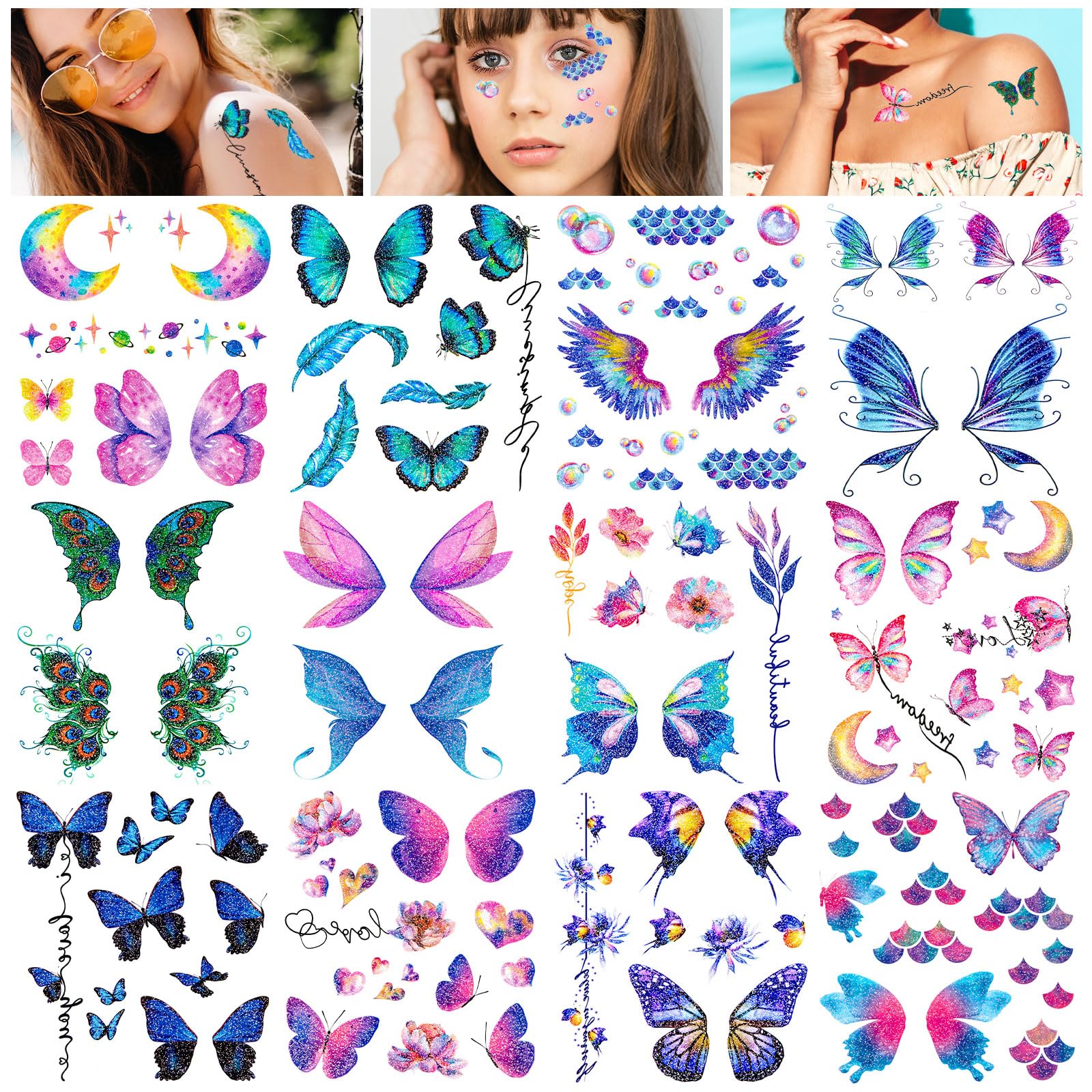 Glitter Temporary Butterfly Tattoos for Girls, 12 Sheet Colorful Butterfly Wings Temporary Stickers, Waterproof Fake Tattoos for Face Body Arm Makeup Party Favors Gifts