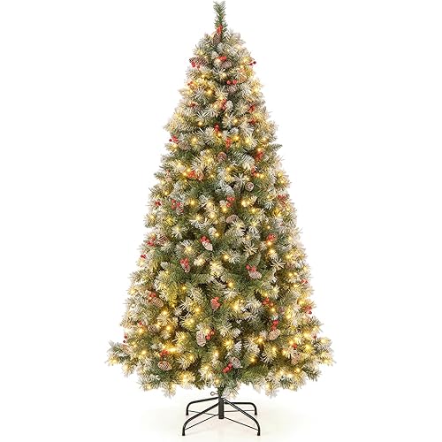Goplus 6.5ft Pre-Lit Christmas Tree, Artificial Hinged Xmas Tree with 420 Warm-White LED Lights, 8 Lighting Modes, 909 Branch Tips, Red Berries & Pinecones, for Holiday Party Office Home Decor