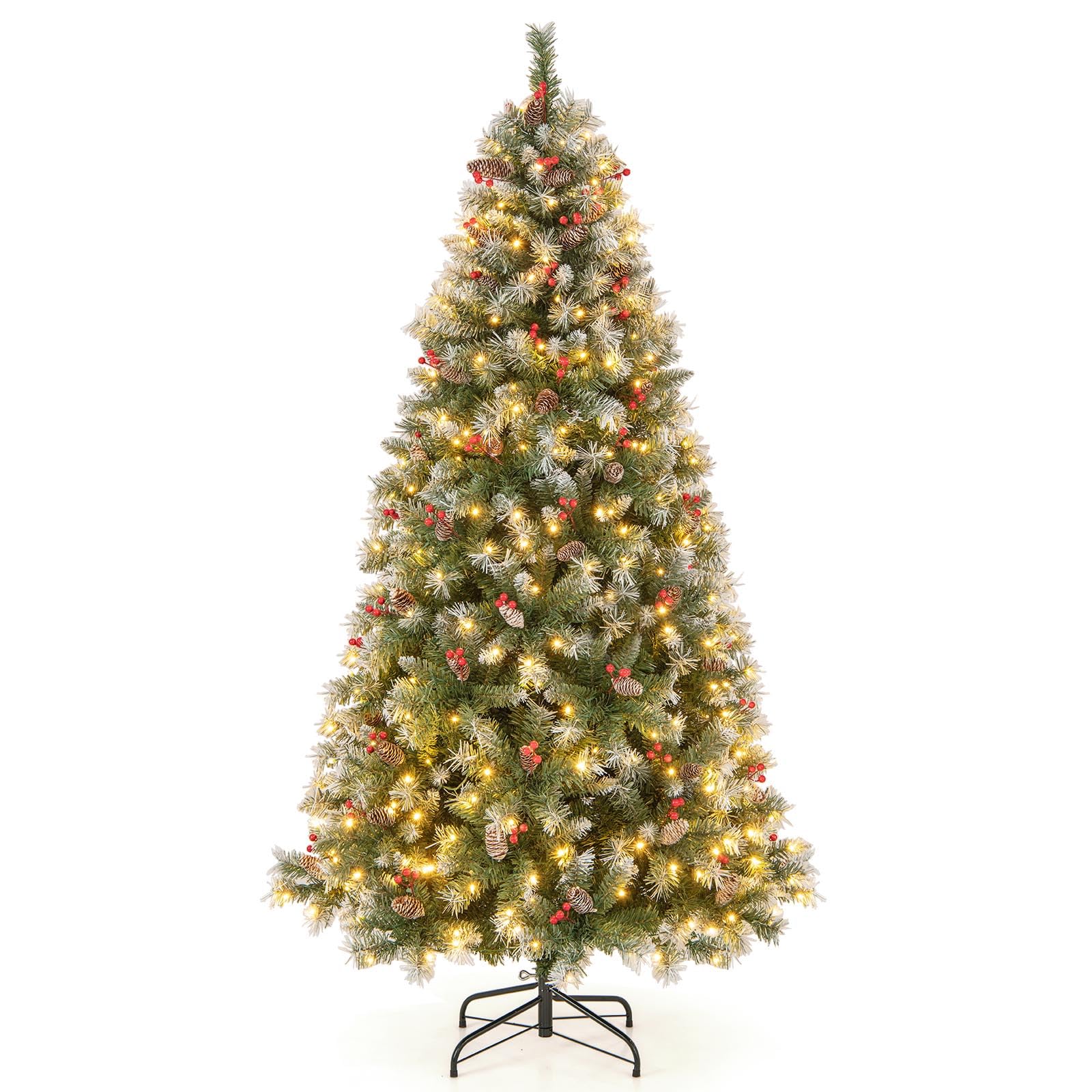 COSTWAY Árbol de Navidad con Luces Incorporadas 195cm, 420 Luces LED Blancas Cálidas, 8 Modos, Arbol de Navidad Decorado, Nieve, 69 Pinos, 207 Bayas Rojas, 909 Ramas de PVC (195cm)