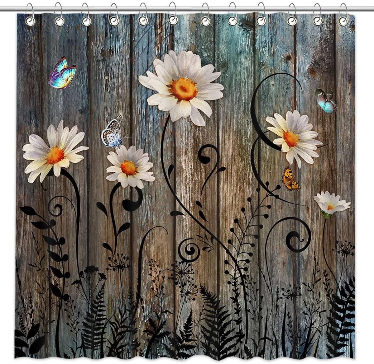 MocsickaCountry Daisy Shower Curtain Vintage Farmhouse Rustic Plant Floral Butterfly Shower Curtain for Bathroom Waterproof Fabric Shower Curtain Set with 12 Hooks, 72x72 Inches
