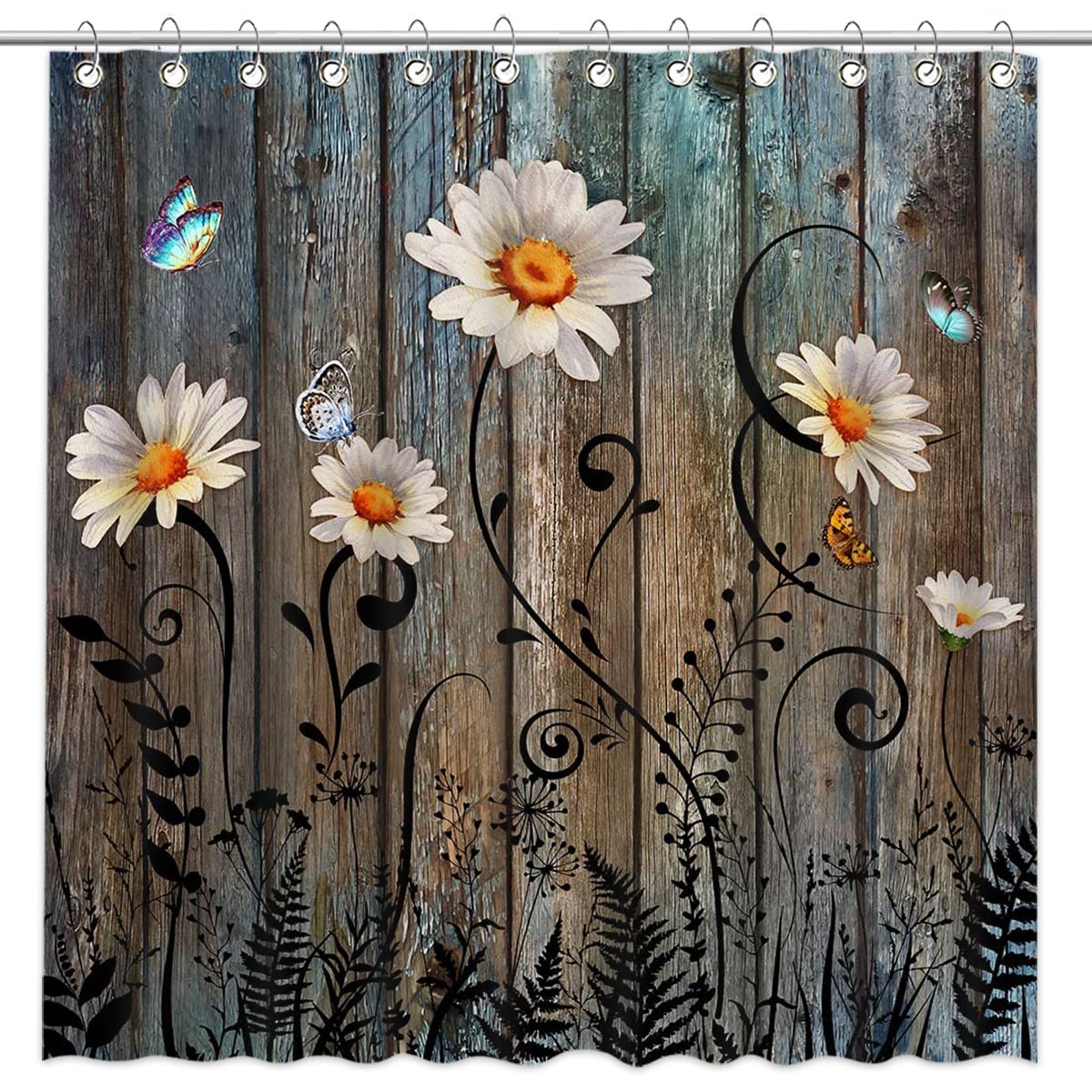 MocsickaCountry Daisy Shower Curtain Vintage Farmhouse Rustic Plant Floral Butterfly Shower Curtain for Bathroom Waterproof Fabric Shower Curtain Set with 12 Hooks, 72x72 Inches