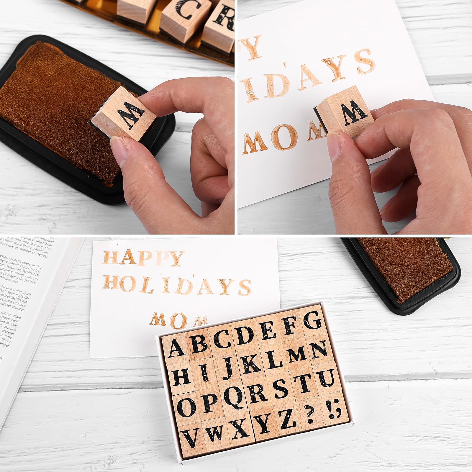 1 Piezas Juego de Sellos de Letras, Set de Sellos de Letras de Madera Pequeñas, Letras Mayúscula y Símbolos, con cajas de almacenamiento, para Scrapbooking, Artes, Manualidades
