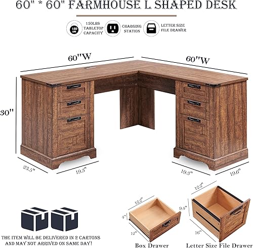 Miniatura 2 de RedLemon Escritorio Ejecutivo en Forma de L Estilo Granja de 60" con Cajones, Escritorio Esquinero de Madera para Oficina en Casa con Estación de