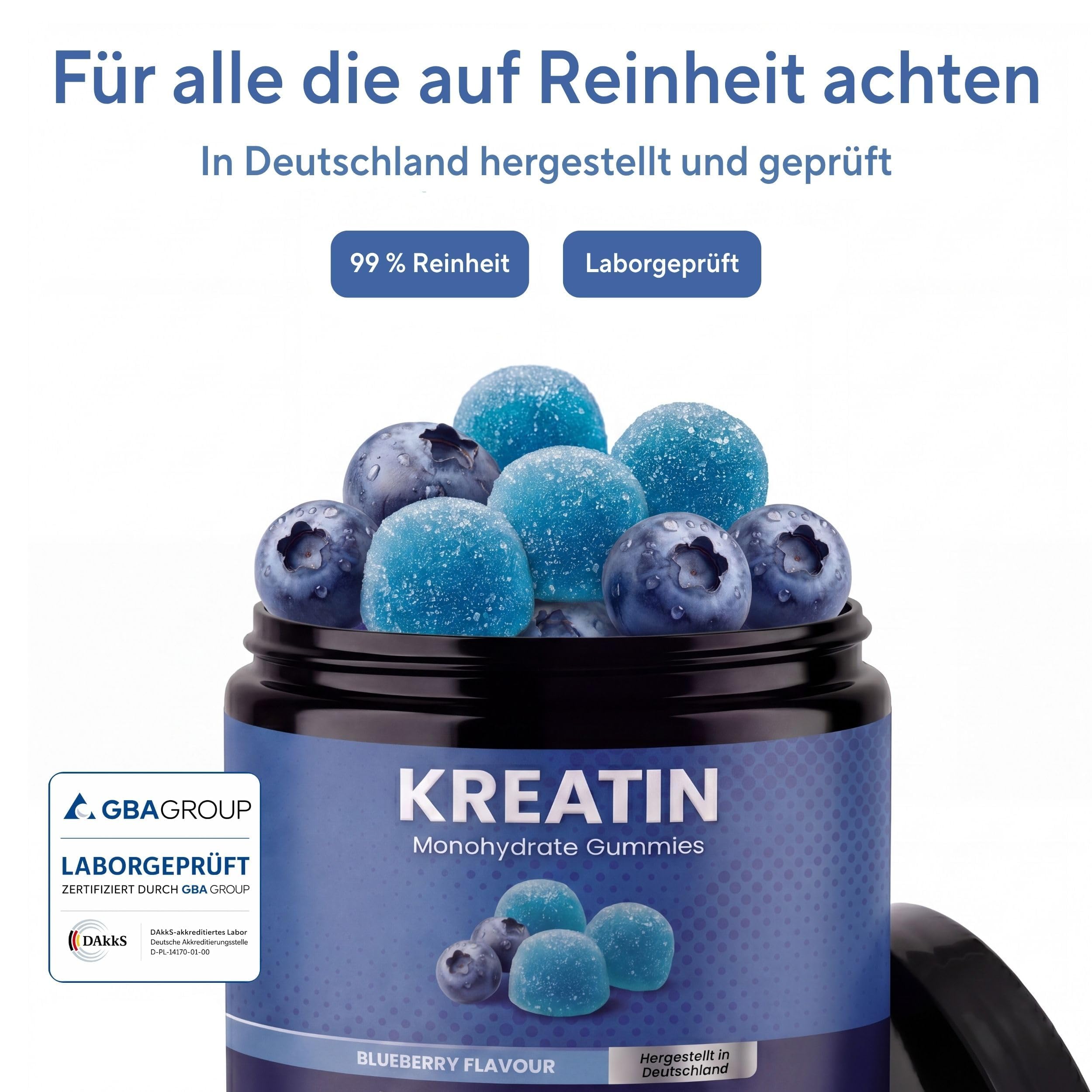 NEU - Greenlab Kreatin Monohydrat Gummies für Männer & Frauen - 5,000mg pro Tagesdosis, 90 Gummies, Zuckerfrei, Vegan, Blueberry Geschmack, Made in Germany