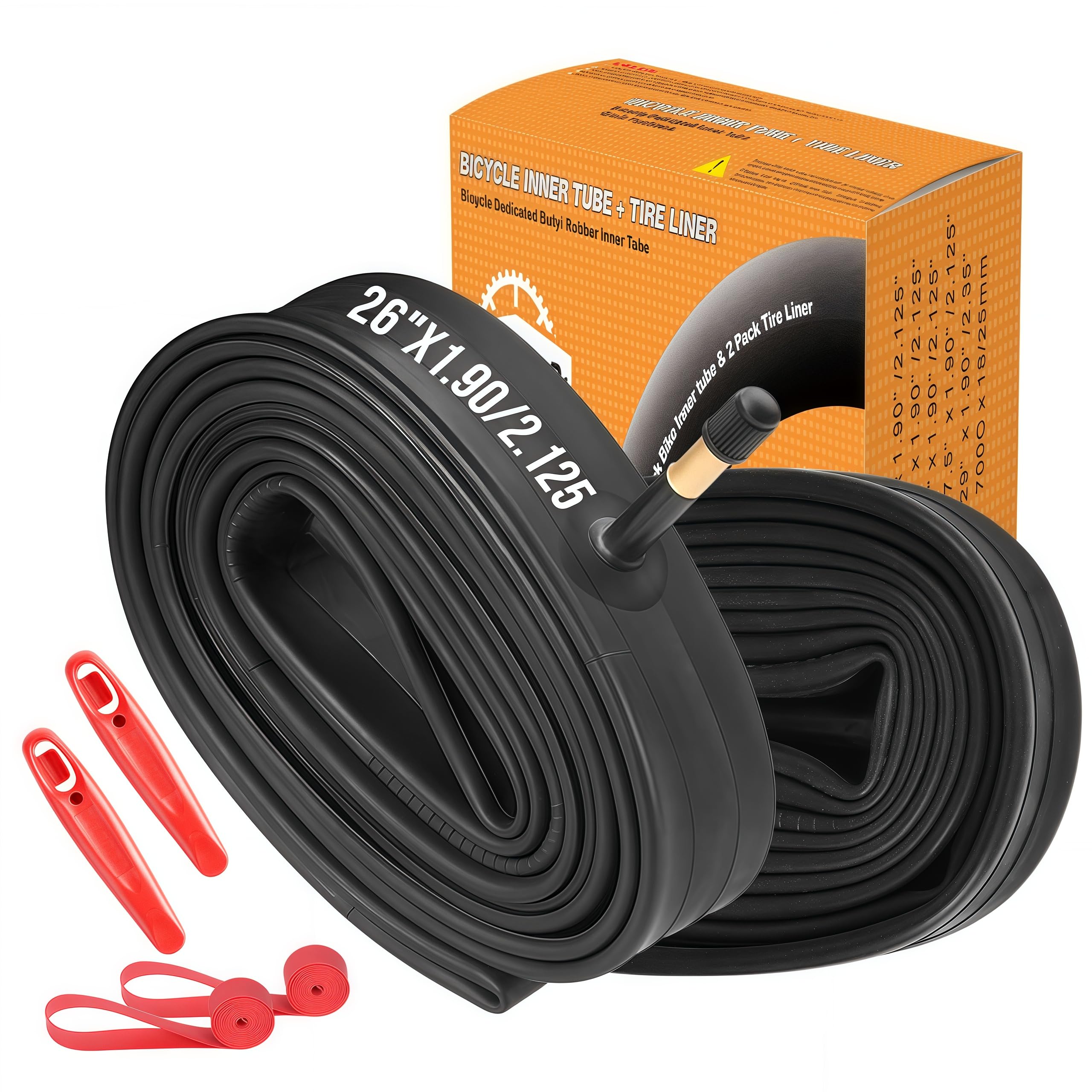 Photo 1 of 2 Pack 26" x1.90/2.125 Bicycle Inner Tube & Bike Tubes - 32mm Schrader Valve Butyl Rubber Inner Tube for Mountain & Road Bikes - Includes 2 Tire Levers & Rim Strips